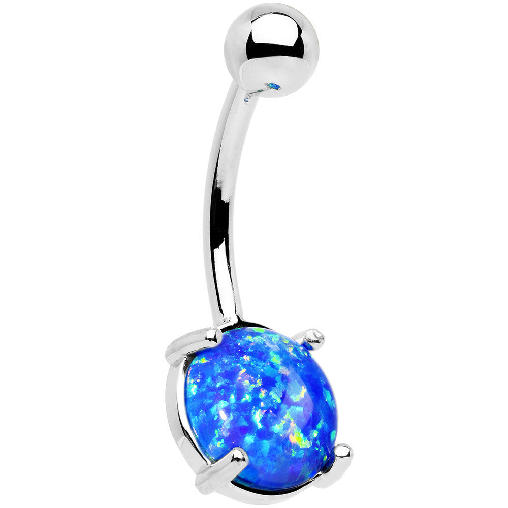 Silver belly button ring with a blue opal stone on a white background