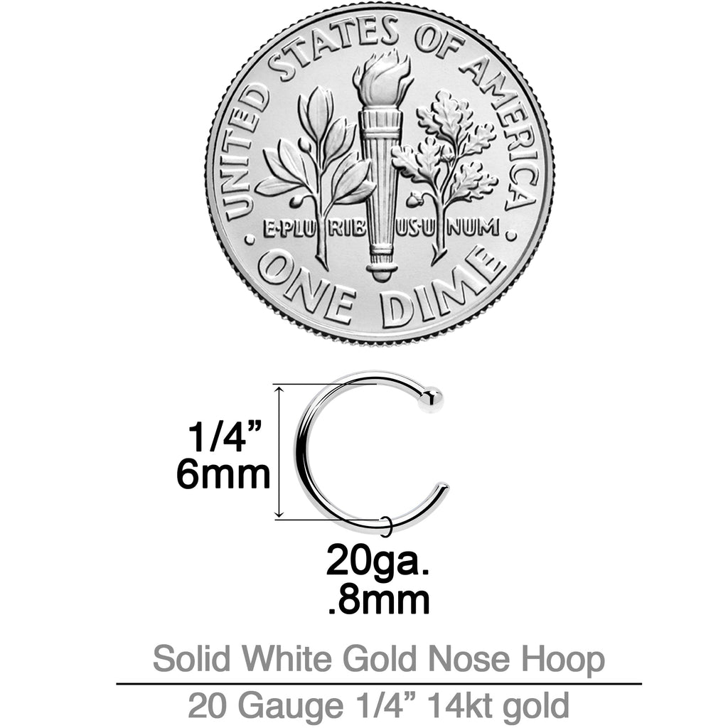 Solid white gold nose hoop with measurements and a dime for scale on a white background