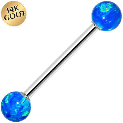 Blue opal belly button ring with 14k gold stamp on a white background