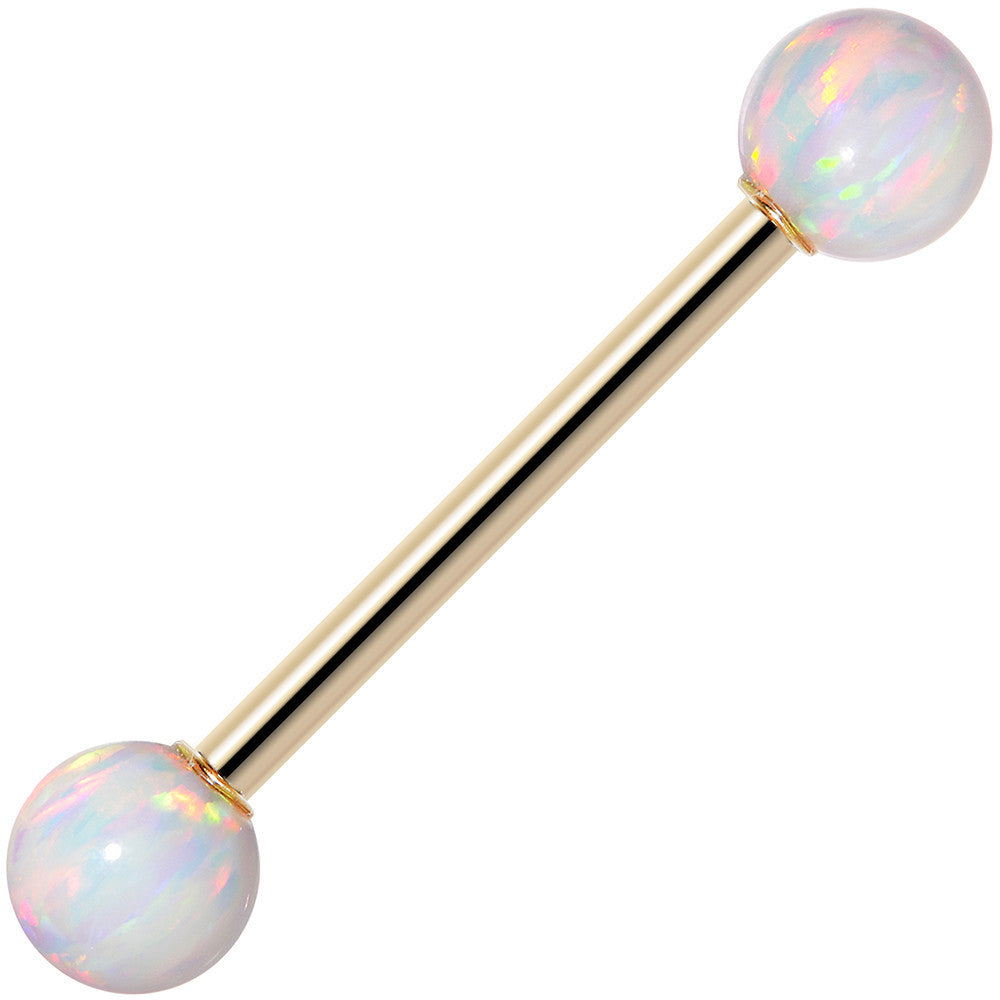 Gold barbell with opal beads on a white background