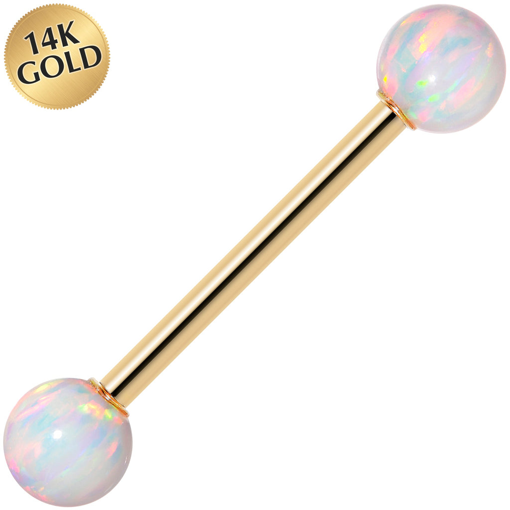 14K gold barbell with opal beads on a white background