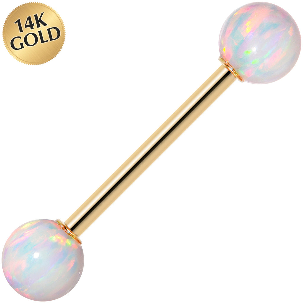 14K gold barbell with opal beads on a white background