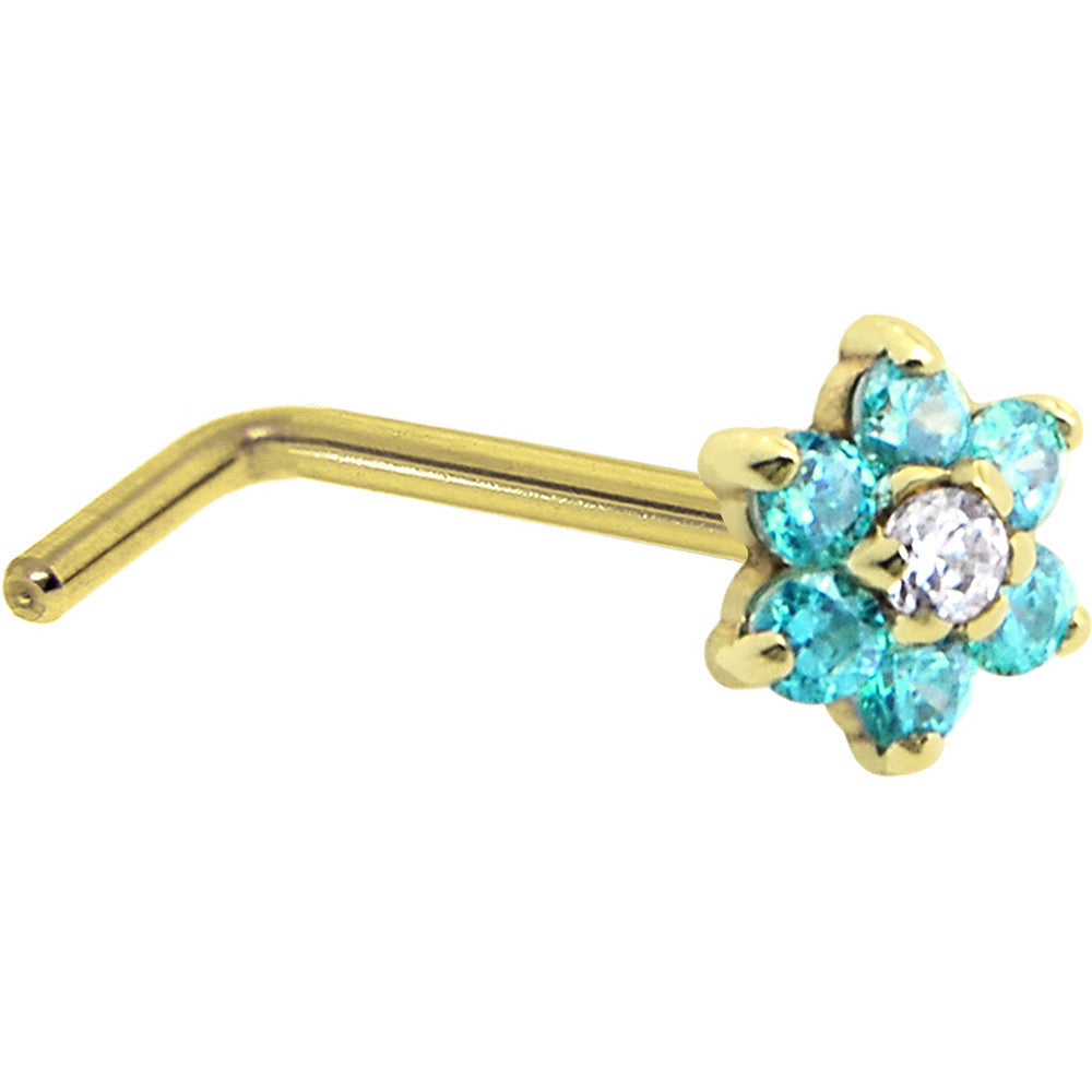 Solid 14K Yellow Gold Mint Green and Clear Cubic Zirconia Flower Nose Ring