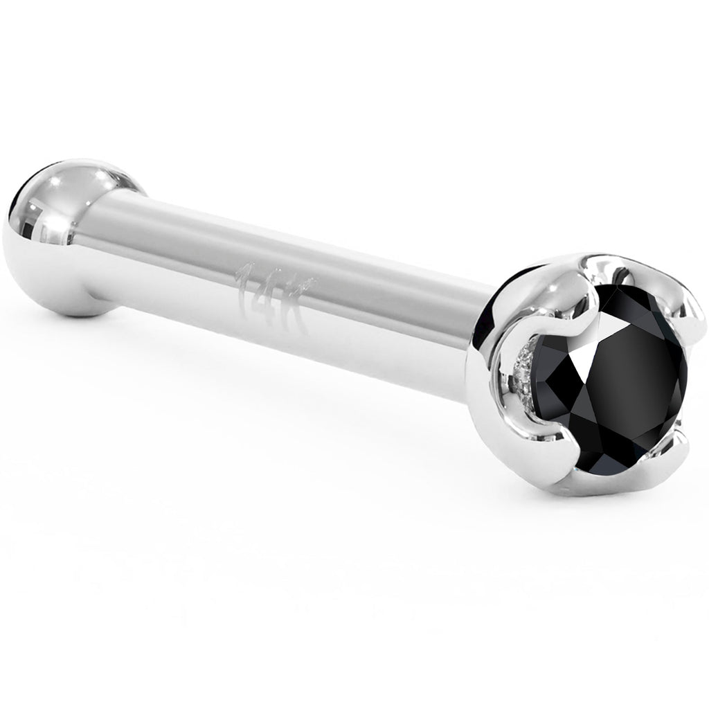 Silver barbell with a black gemstone on a white background