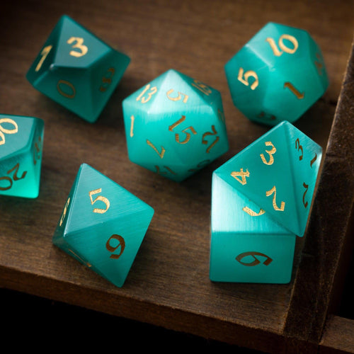 Gemstone Aquamarine Cats Eye Stone Hand Carved DND Dice Set - The misfit market