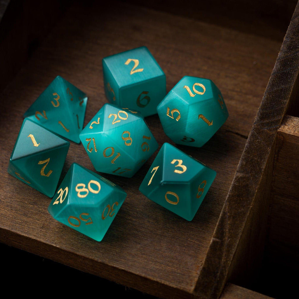 Gemstone Aquamarine Cats Eye Stone Hand Carved DND Dice Set - The misfit market