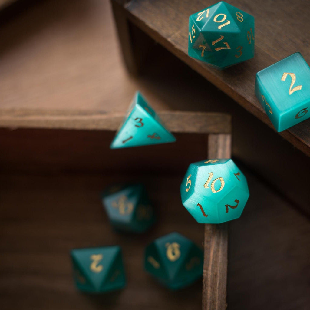 Gemstone Aquamarine Cats Eye Stone Hand Carved DND Dice Set - The misfit market