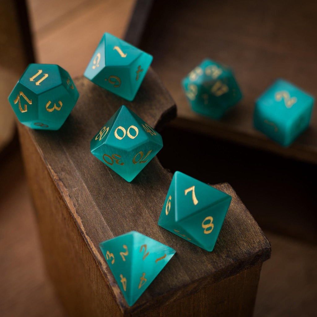 Gemstone Aquamarine Cats Eye Stone Hand Carved DND Dice Set - The misfit market