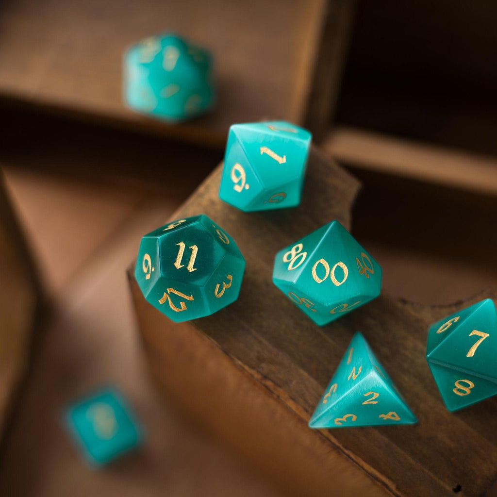 Gemstone Aquamarine Cats Eye Stone Hand Carved DND Dice Set - The misfit market