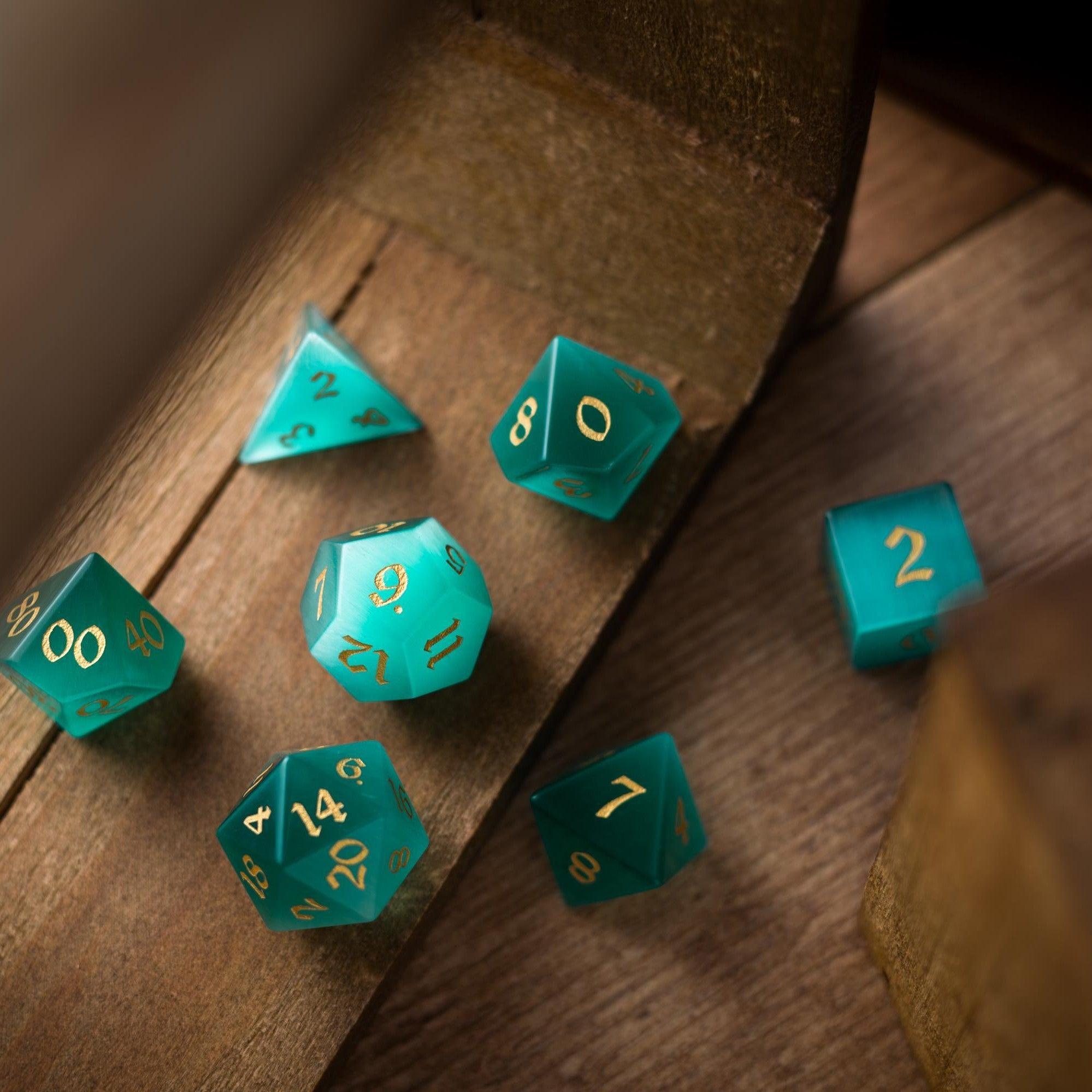 Gemstone Aquamarine Cats Eye Stone Hand Carved DND Dice Set - The misfit market
