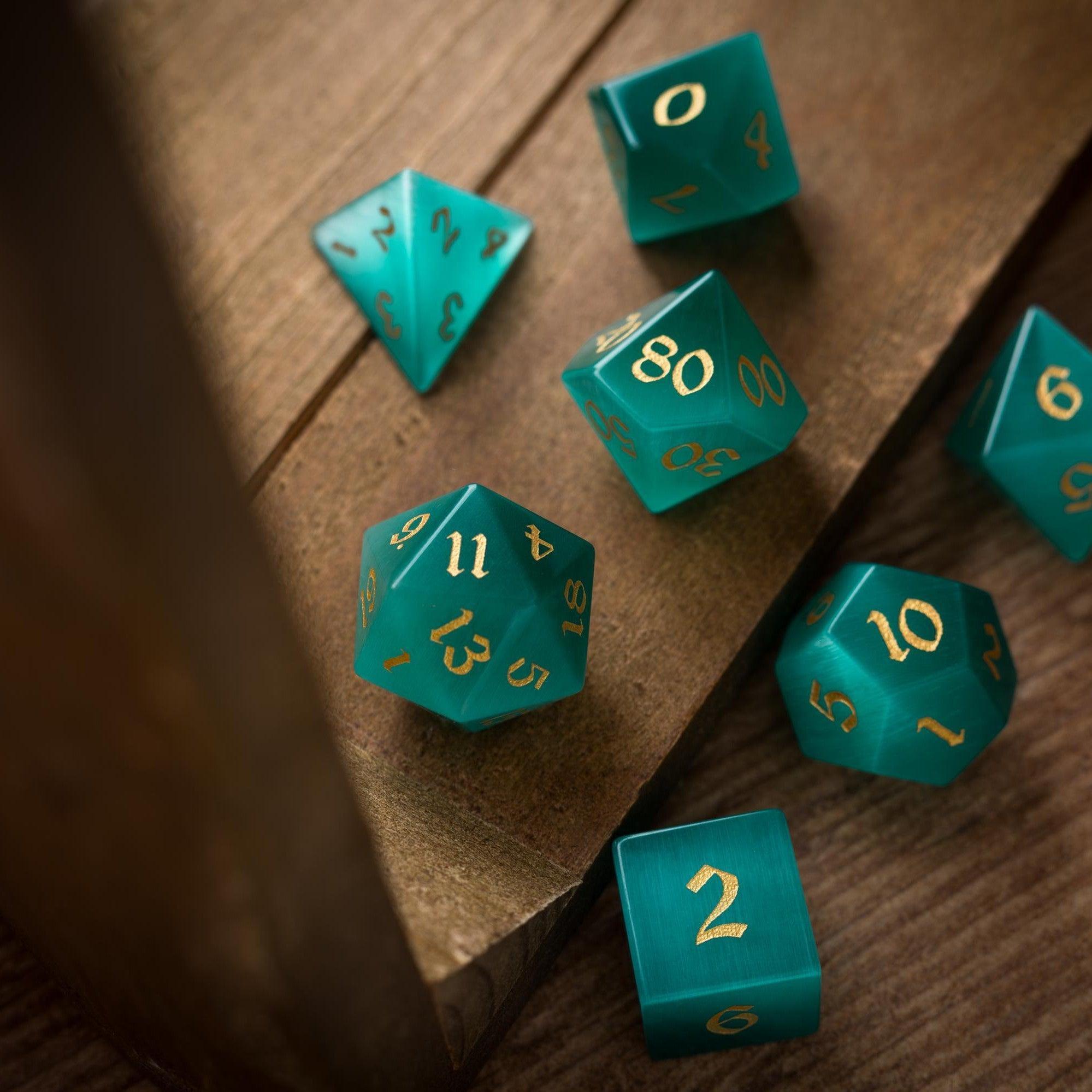 Gemstone Aquamarine Cats Eye Stone Hand Carved DND Dice Set - The misfit market