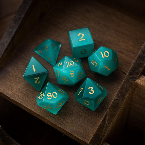 Gemstone Aquamarine Cats Eye Stone Hand Carved DND Dice Set - The misfit market