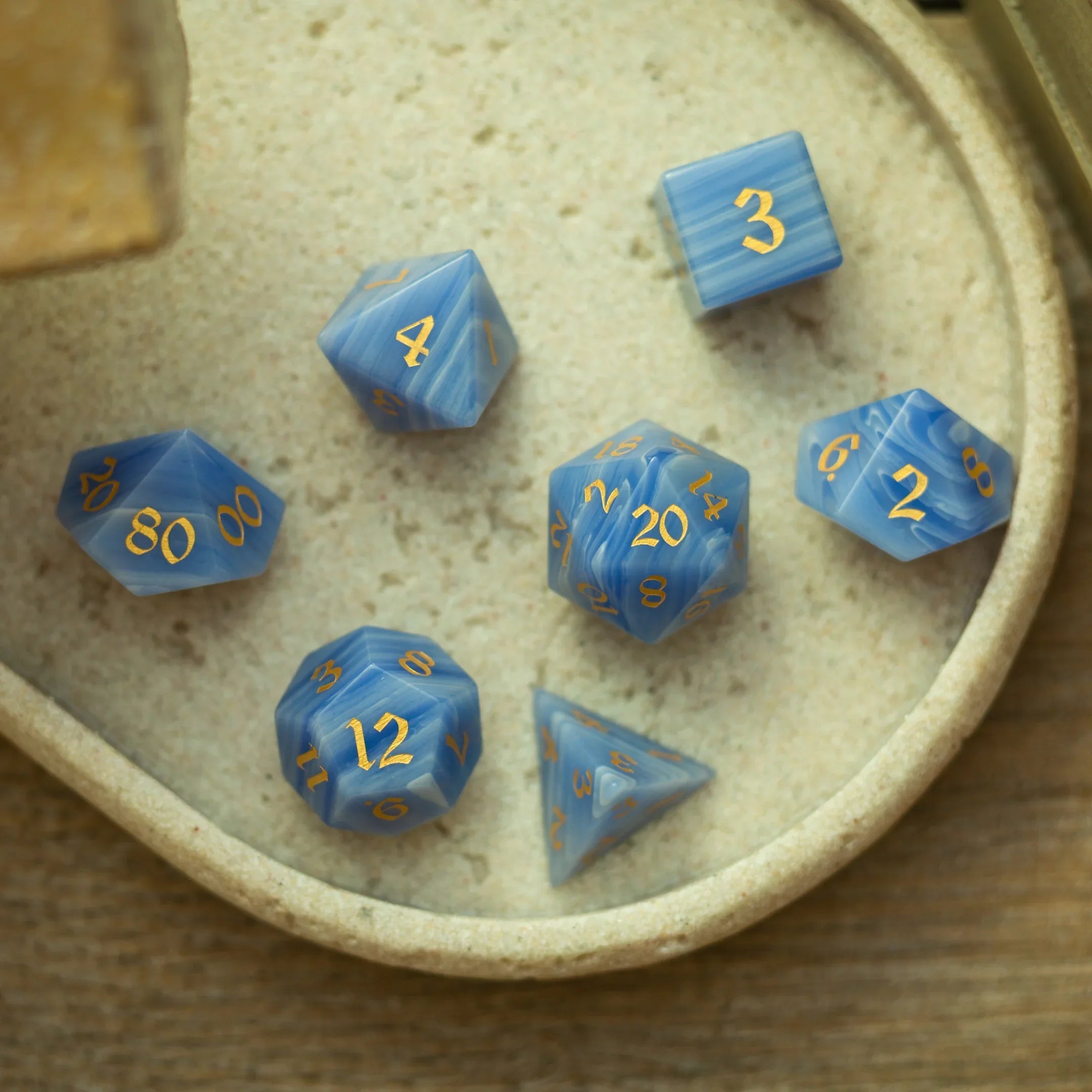 Gemstone Blue Lace Agate Eye Stone Hand Carved DND Dice Set - The misfit market