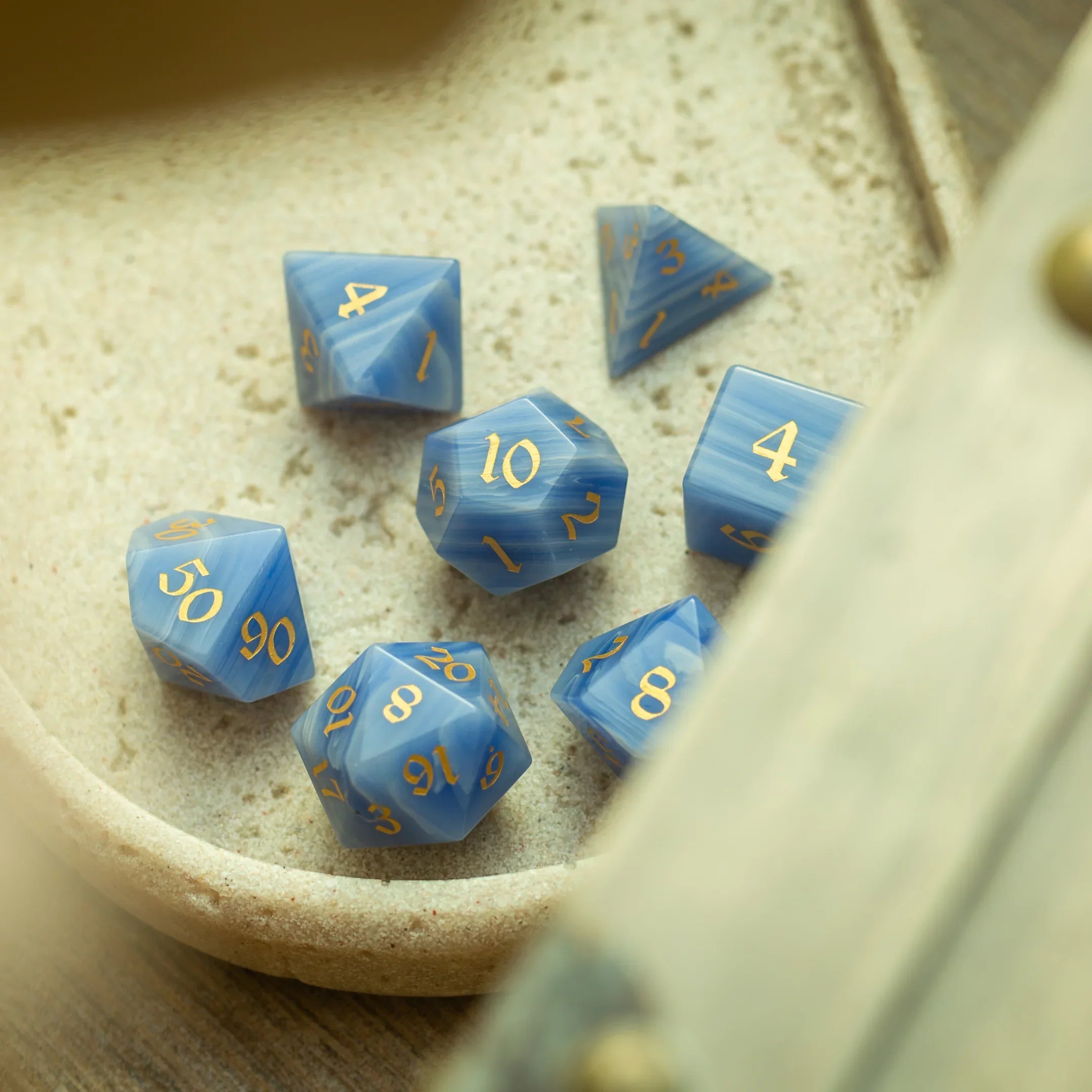 Gemstone Blue Lace Agate Eye Stone Hand Carved DND Dice Set - The misfit market