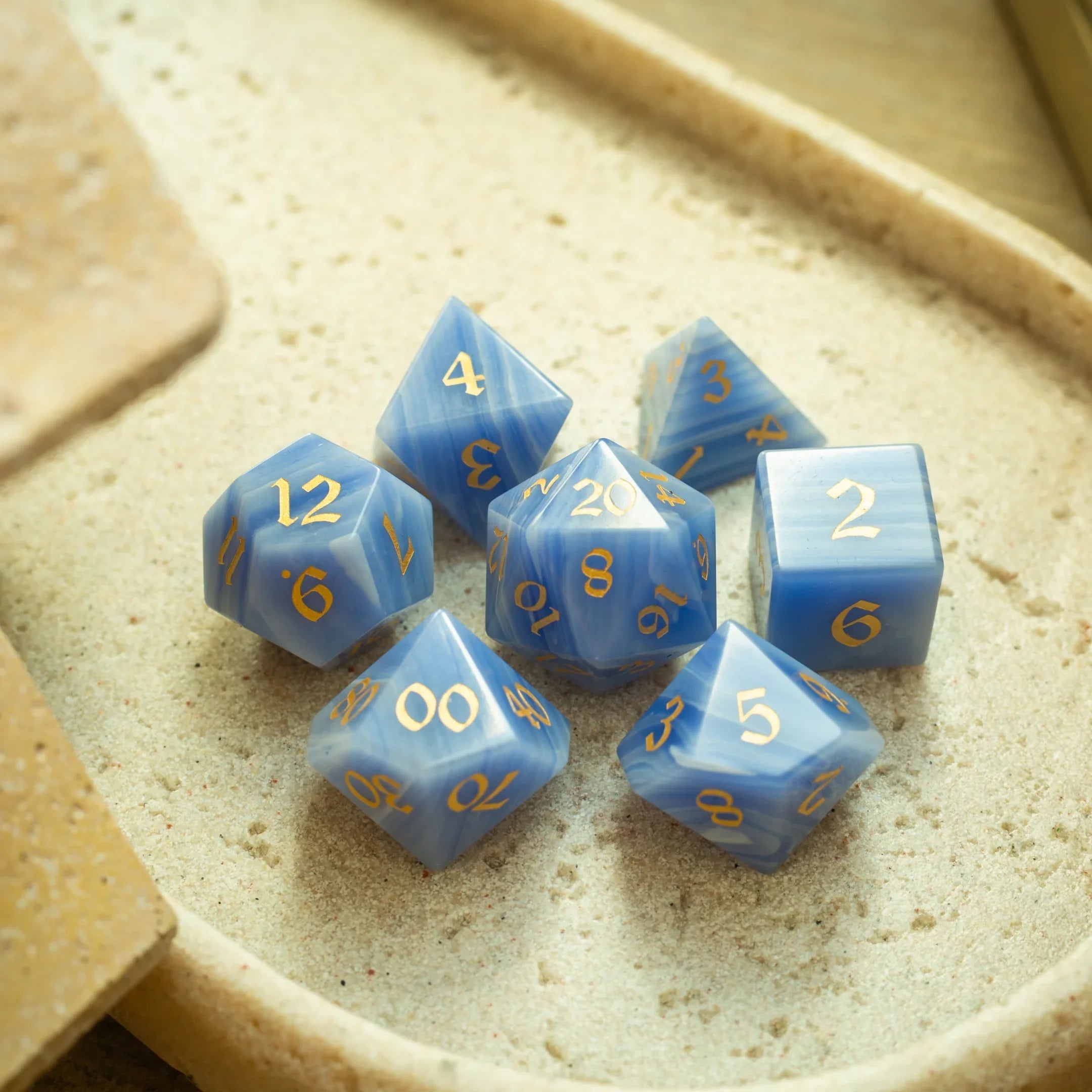 Gemstone Blue Lace Agate Eye Stone Hand Carved DND Dice Set - The misfit market