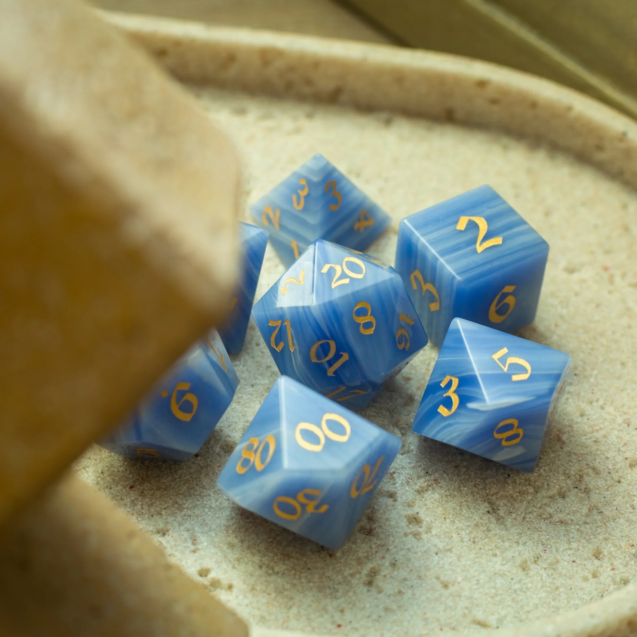 Gemstone Blue Lace Agate Eye Stone Hand Carved DND Dice Set - The misfit market