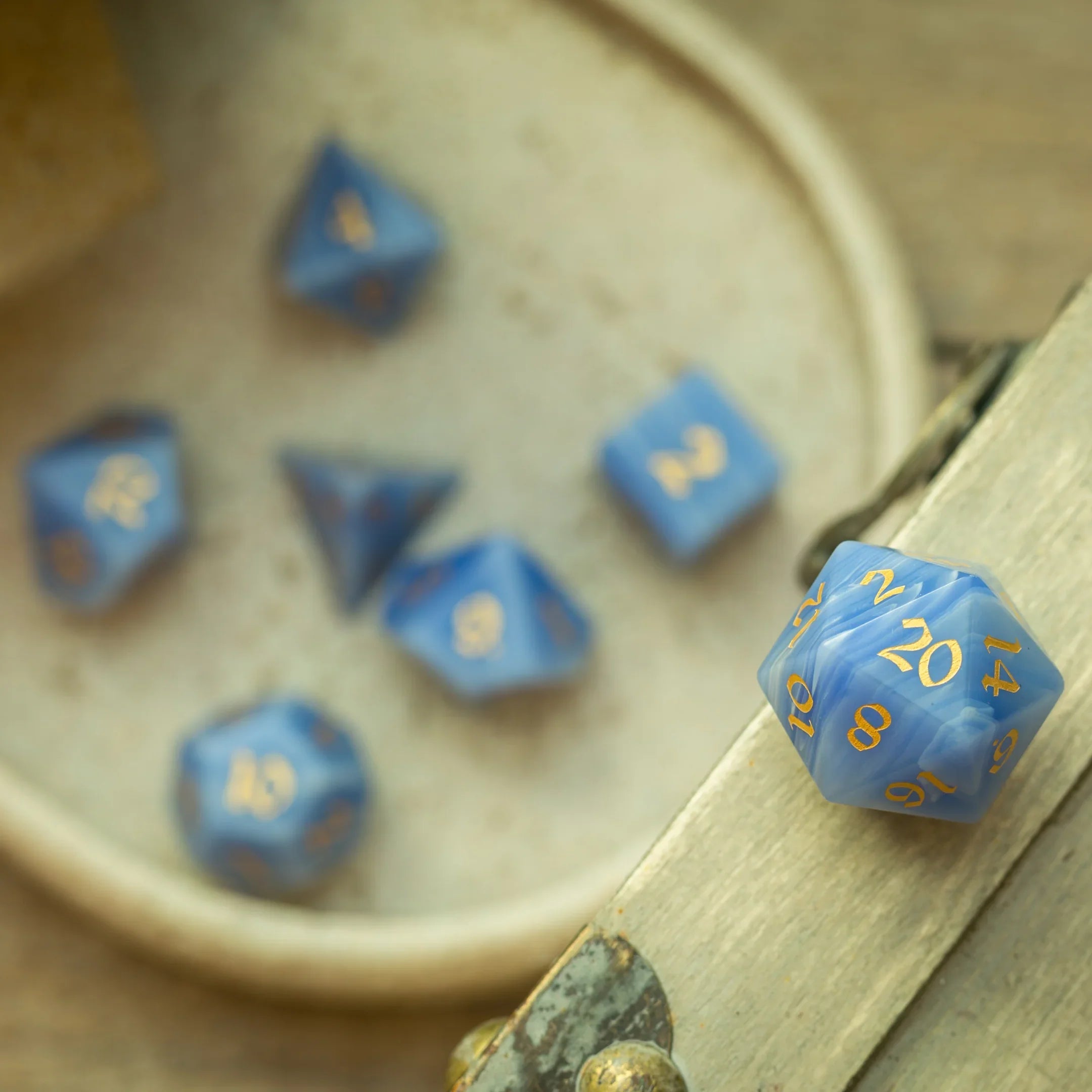 Gemstone Blue Lace Agate Eye Stone Hand Carved DND Dice Set - The misfit market