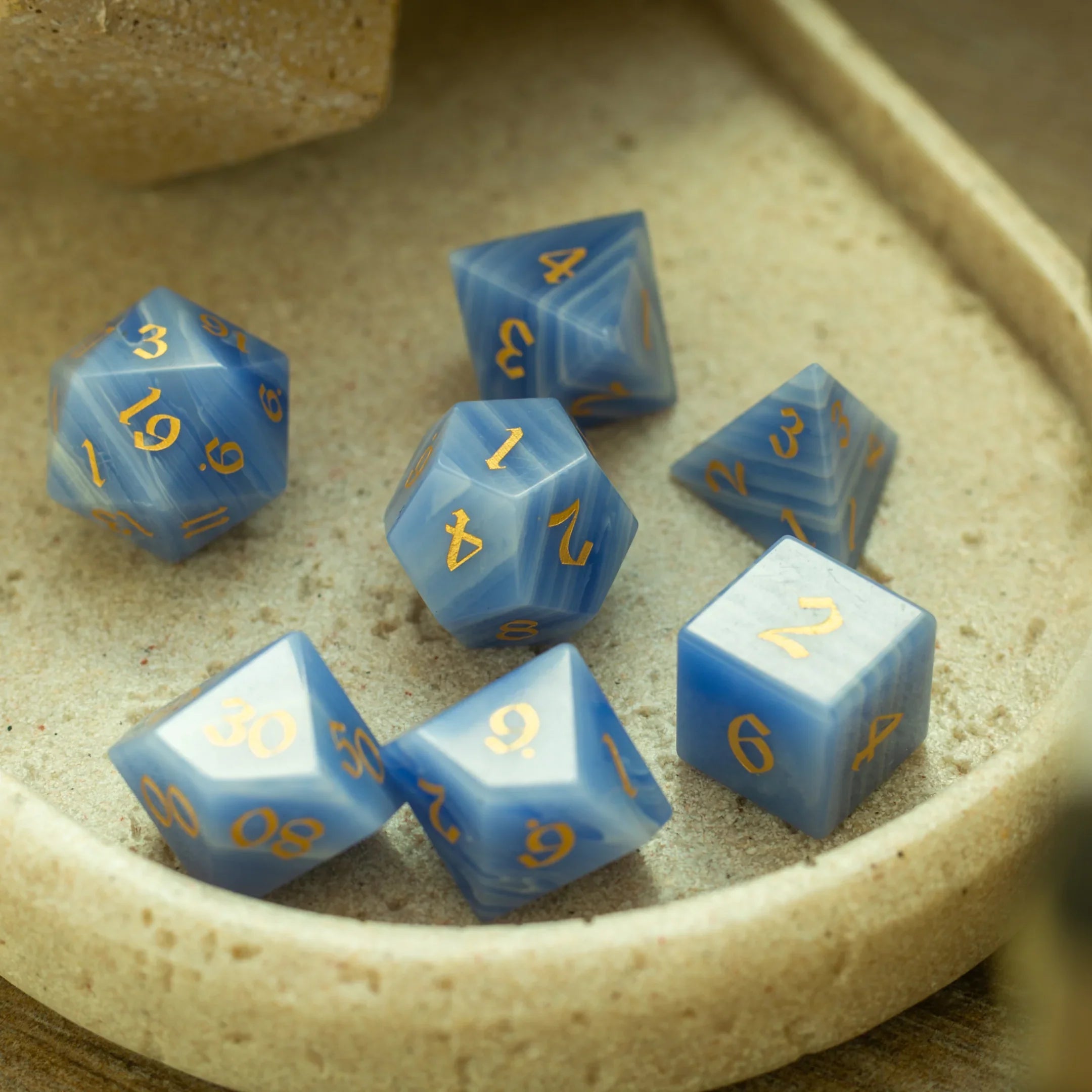 Gemstone Blue Lace Agate Eye Stone Hand Carved DND Dice Set - The misfit market