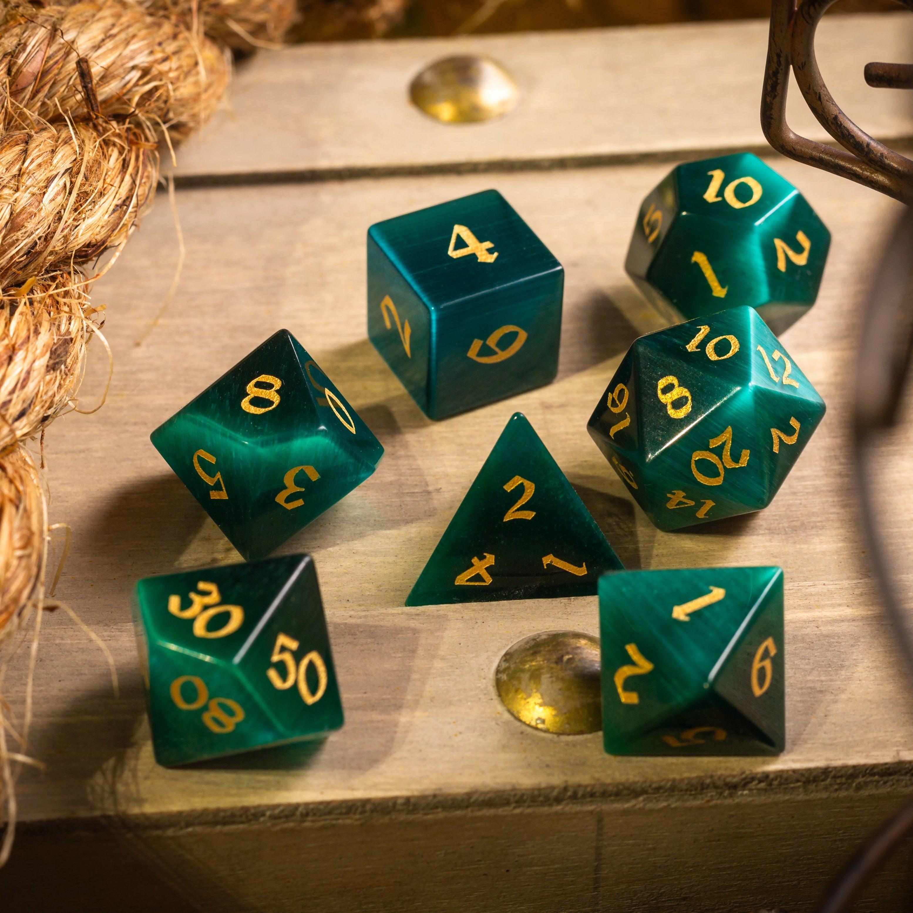 Gemstone Dark Green Cats Eye Stone Hand Carved DND Dice Set - The misfit market