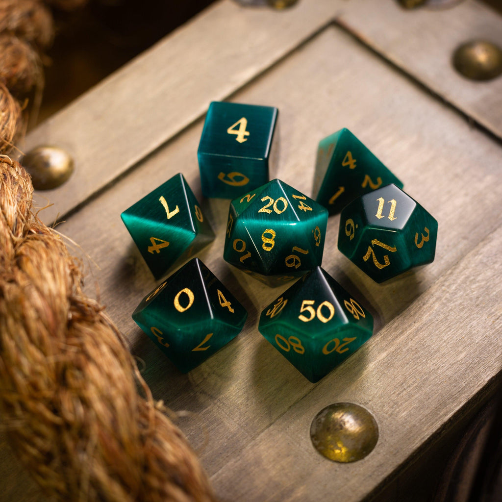 Gemstone Dark Green Cats Eye Stone Hand Carved DND Dice Set - The misfit market