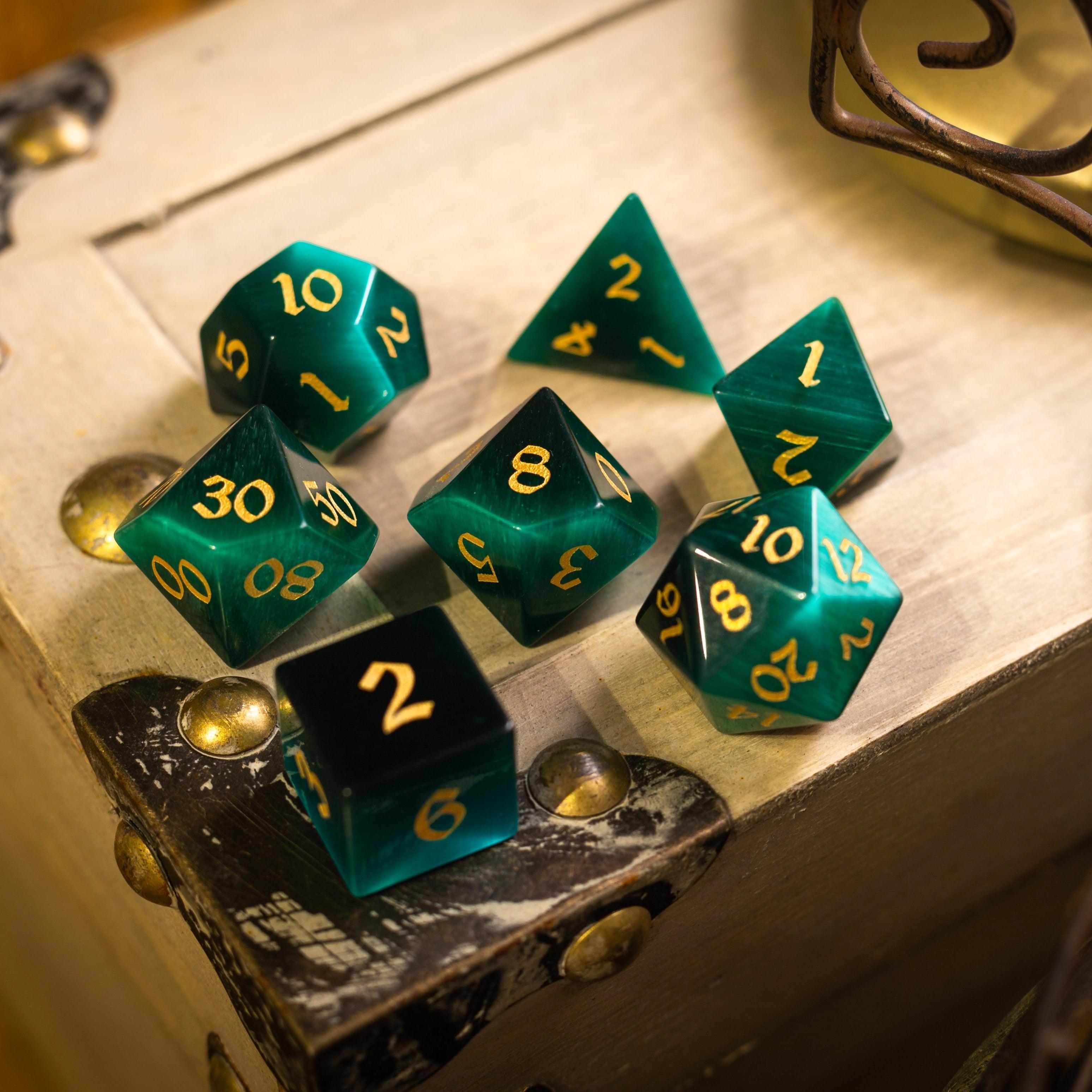 Gemstone Dark Green Cats Eye Stone Hand Carved DND Dice Set - The misfit market