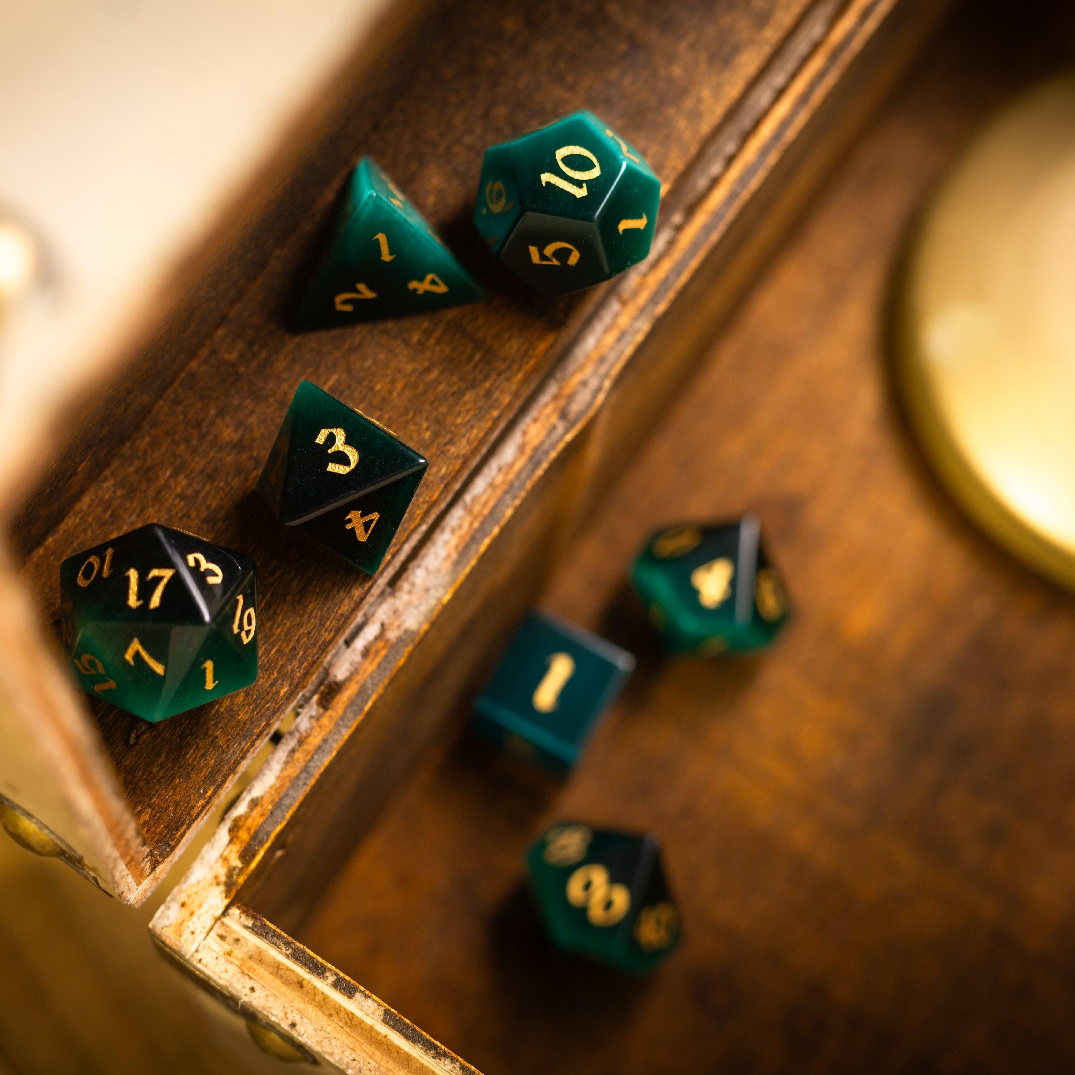 Gemstone Dark Green Cats Eye Stone Hand Carved DND Dice Set - The misfit market