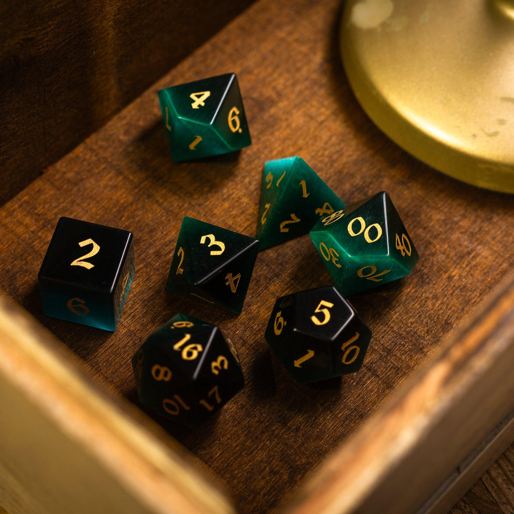 Gemstone Dark Green Cats Eye Stone Hand Carved DND Dice Set - The misfit market