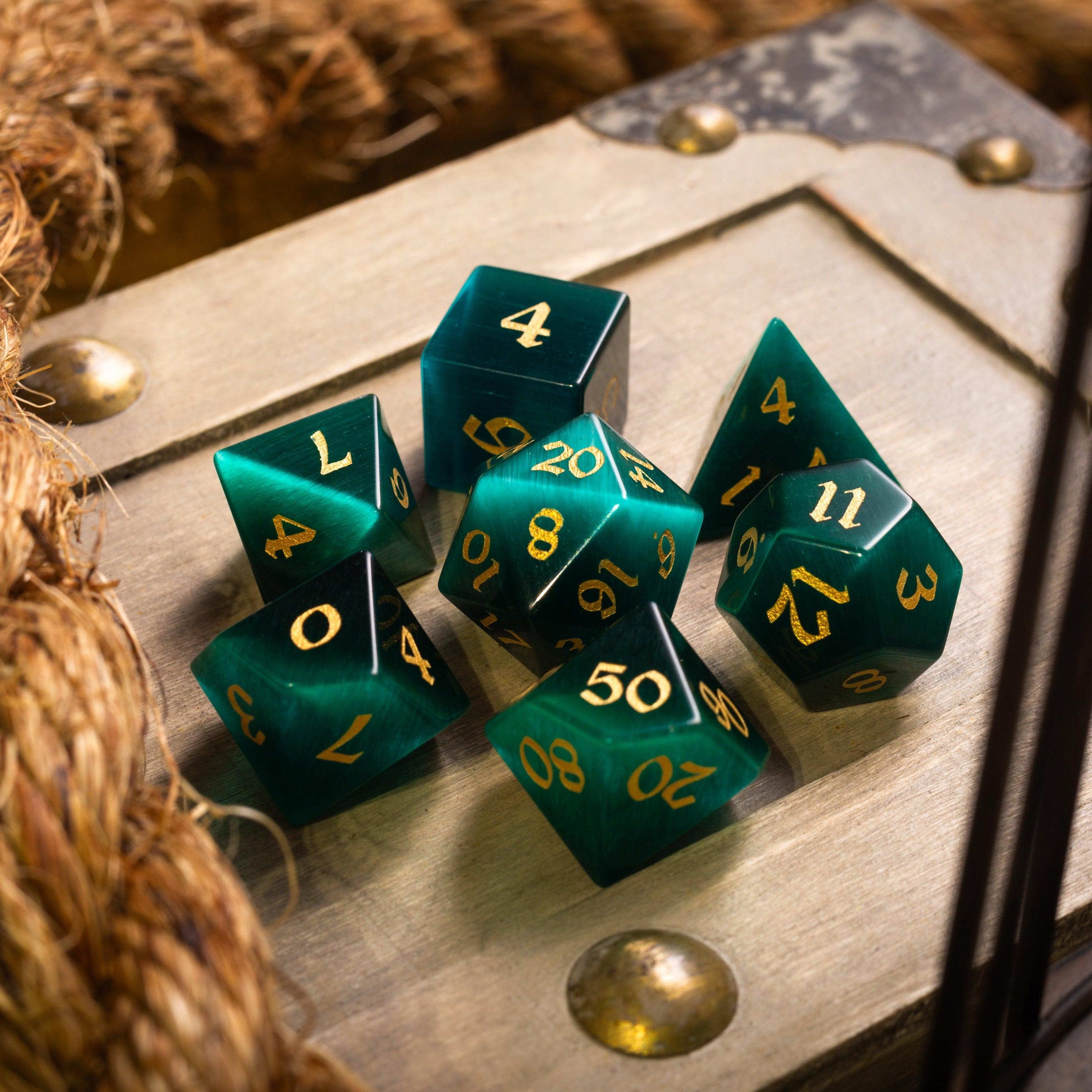 Gemstone Dark Green Cats Eye Stone Hand Carved DND Dice Set - The misfit market