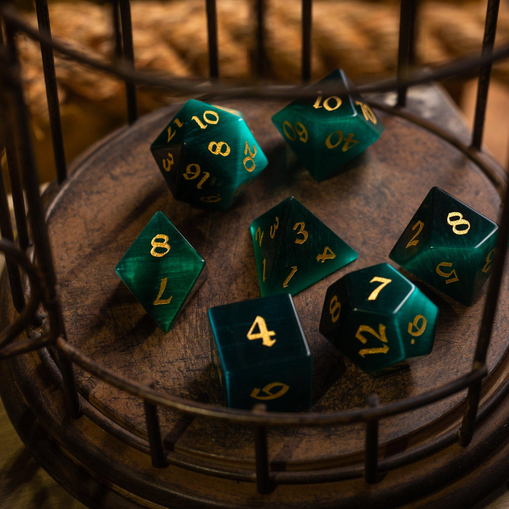 Gemstone Dark Green Cats Eye Stone Hand Carved DND Dice Set - The misfit market