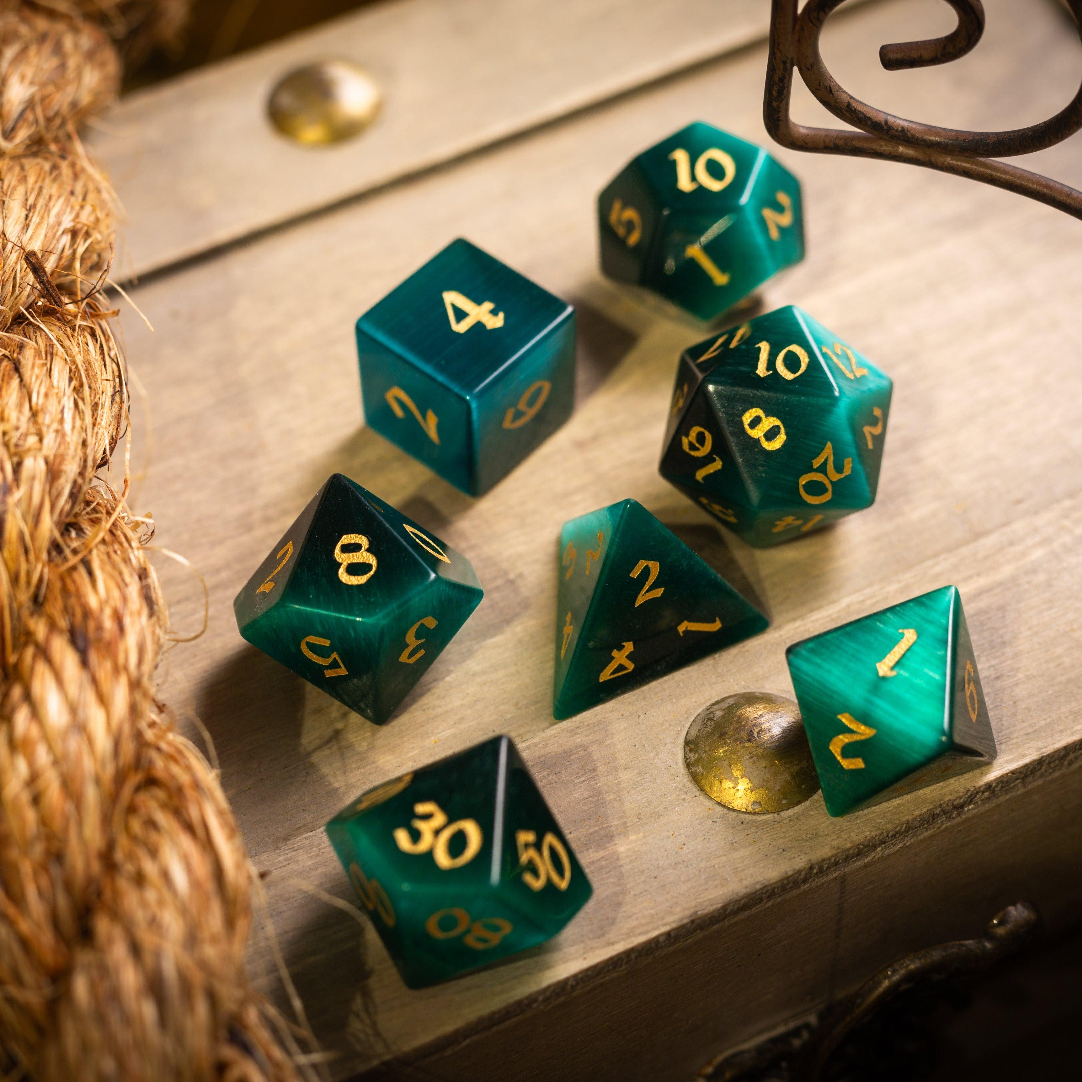 Gemstone Dark Green Cats Eye Stone Hand Carved DND Dice Set - The misfit market