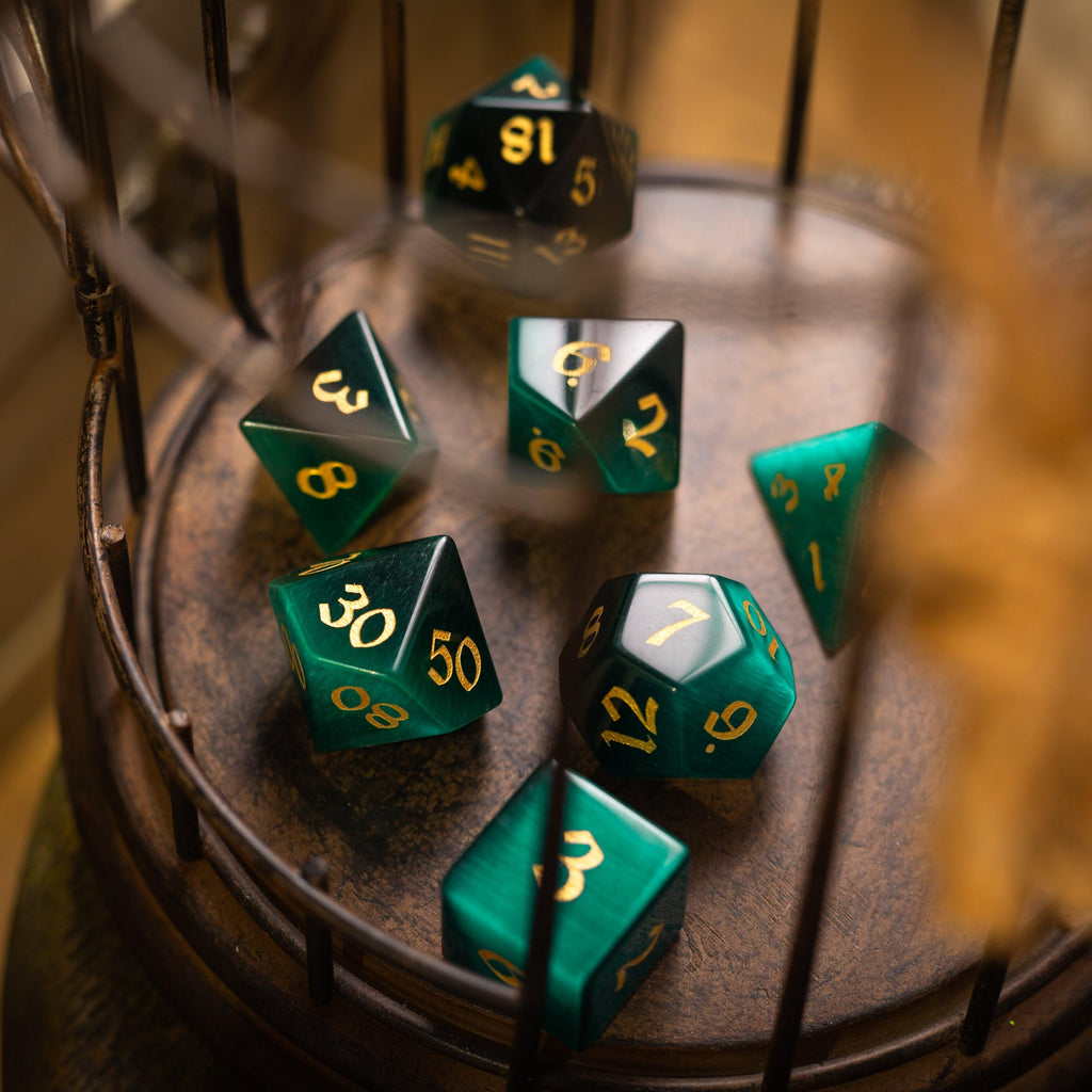 Gemstone Dark Green Cats Eye Stone Hand Carved DND Dice Set - The misfit market