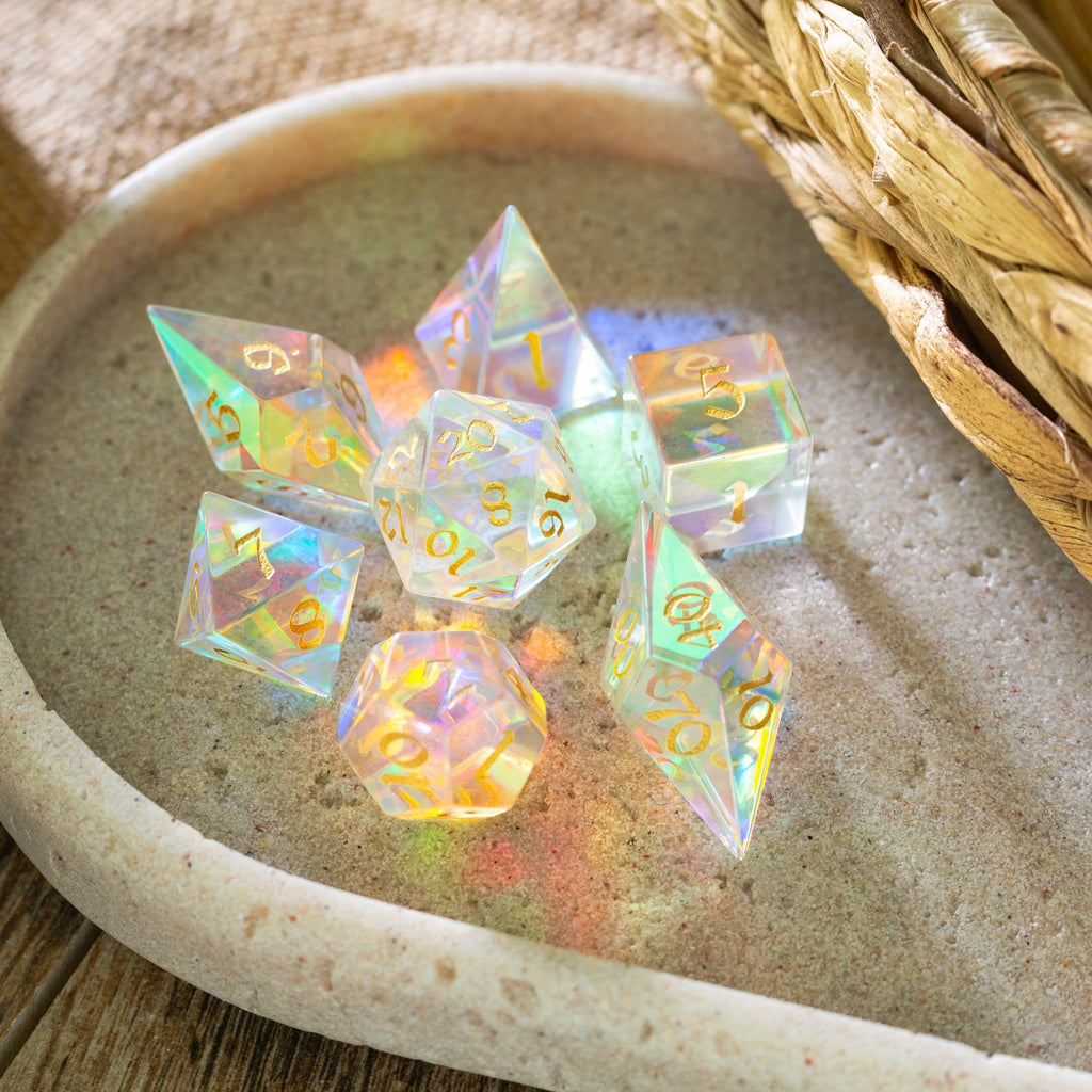 Gemstone Dichroic Glass Elven Cut DND Dice Set - The misfit market