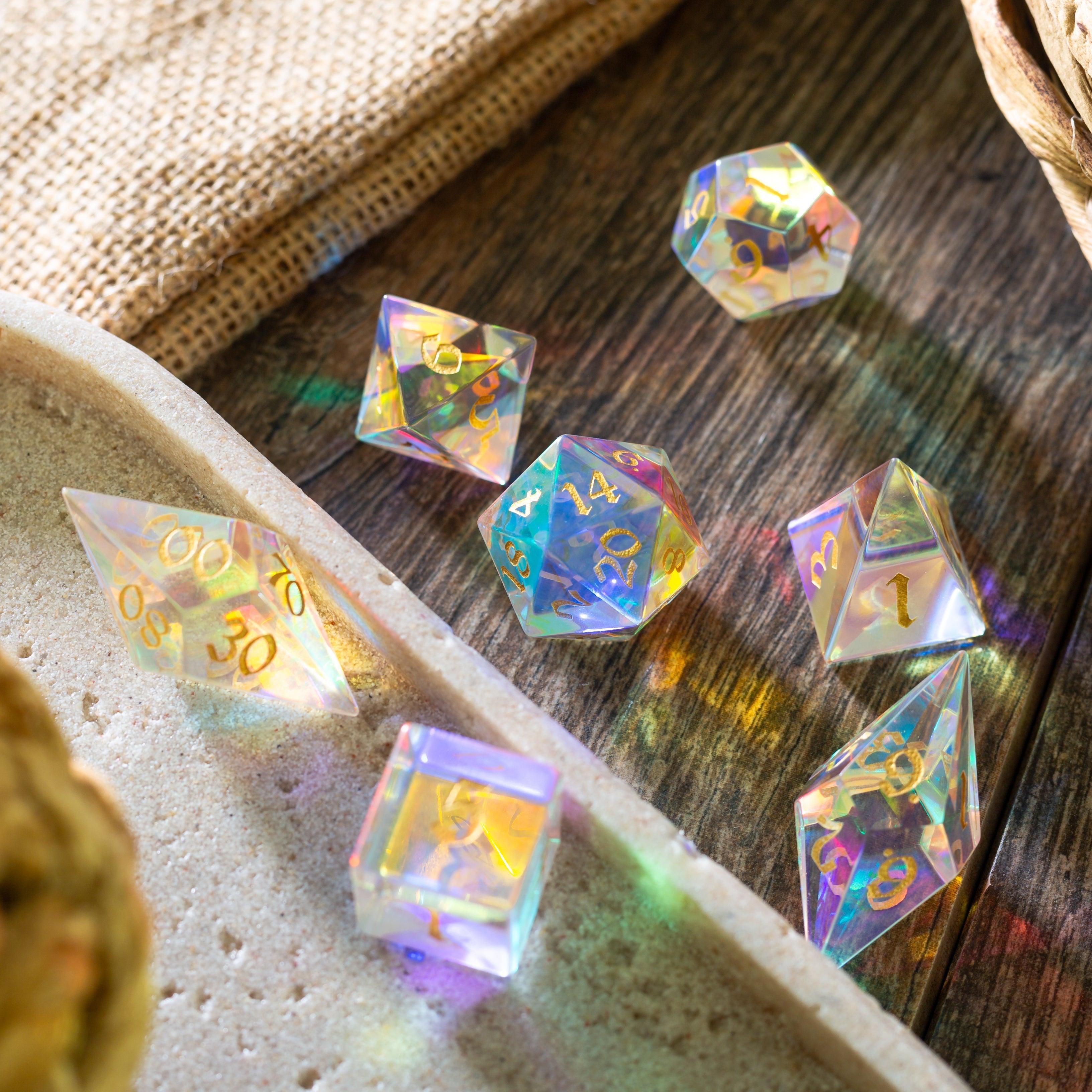Gemstone Dichroic Glass Elven Cut DND Dice Set - The misfit market