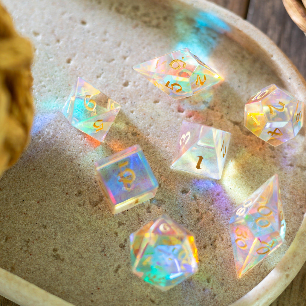 Gemstone Dichroic Glass Elven Cut DND Dice Set - The misfit market