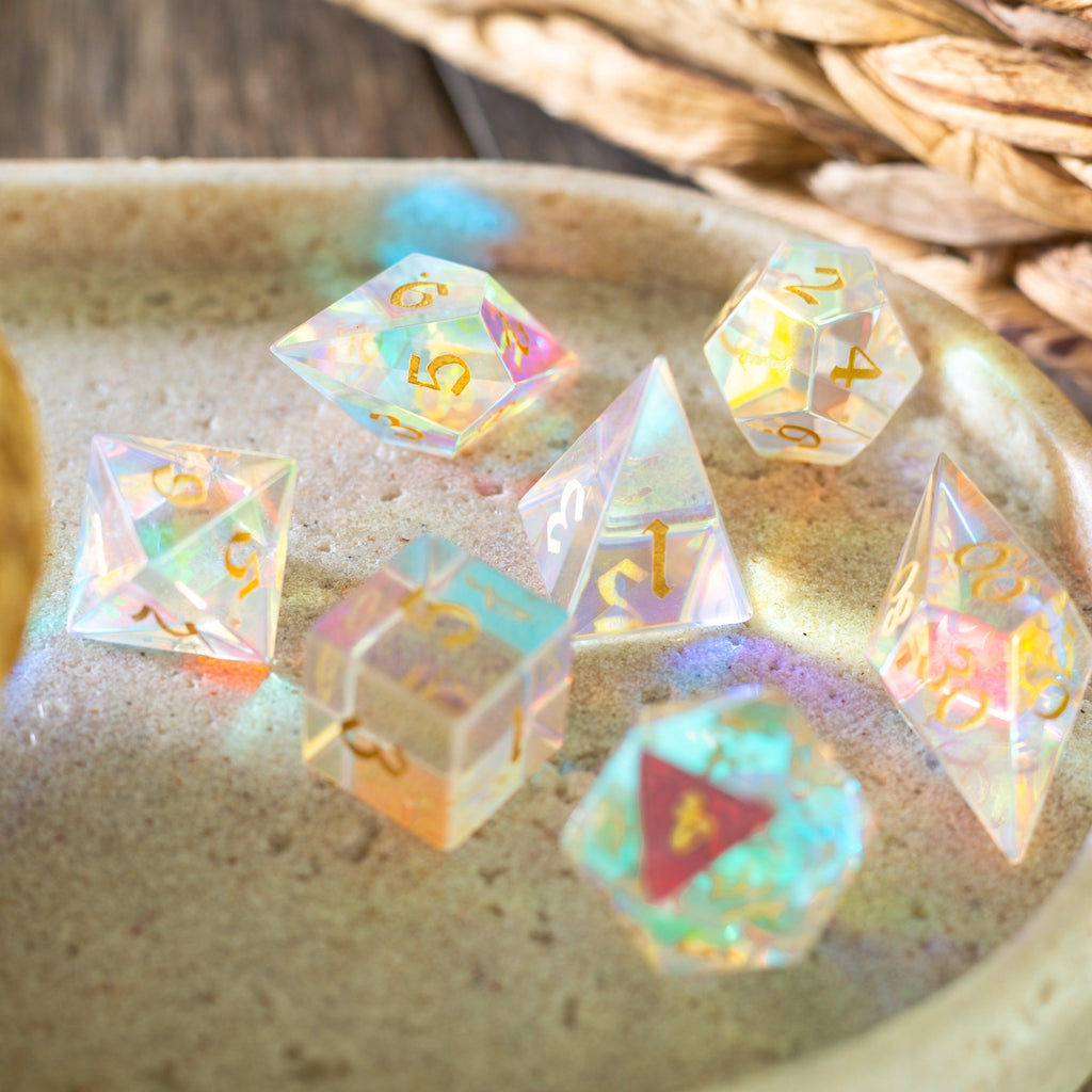 Gemstone Dichroic Glass Elven Cut DND Dice Set - The misfit market