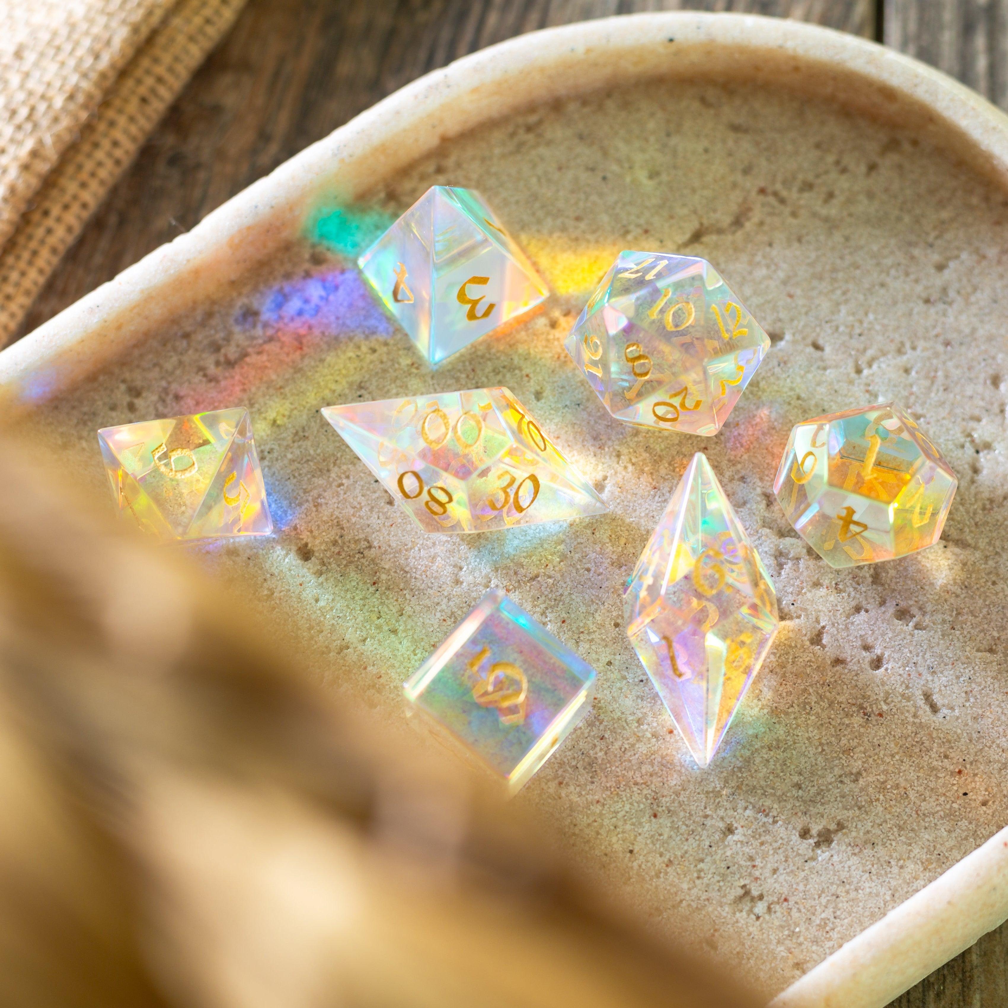 Gemstone Dichroic Glass Elven Cut DND Dice Set - The misfit market
