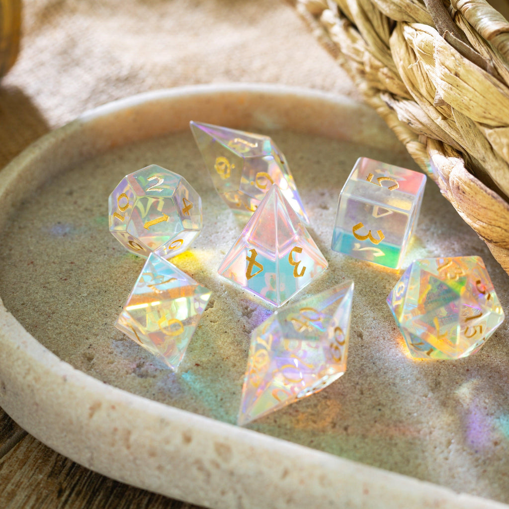 Gemstone Dichroic Glass Elven Cut DND Dice Set - The misfit market