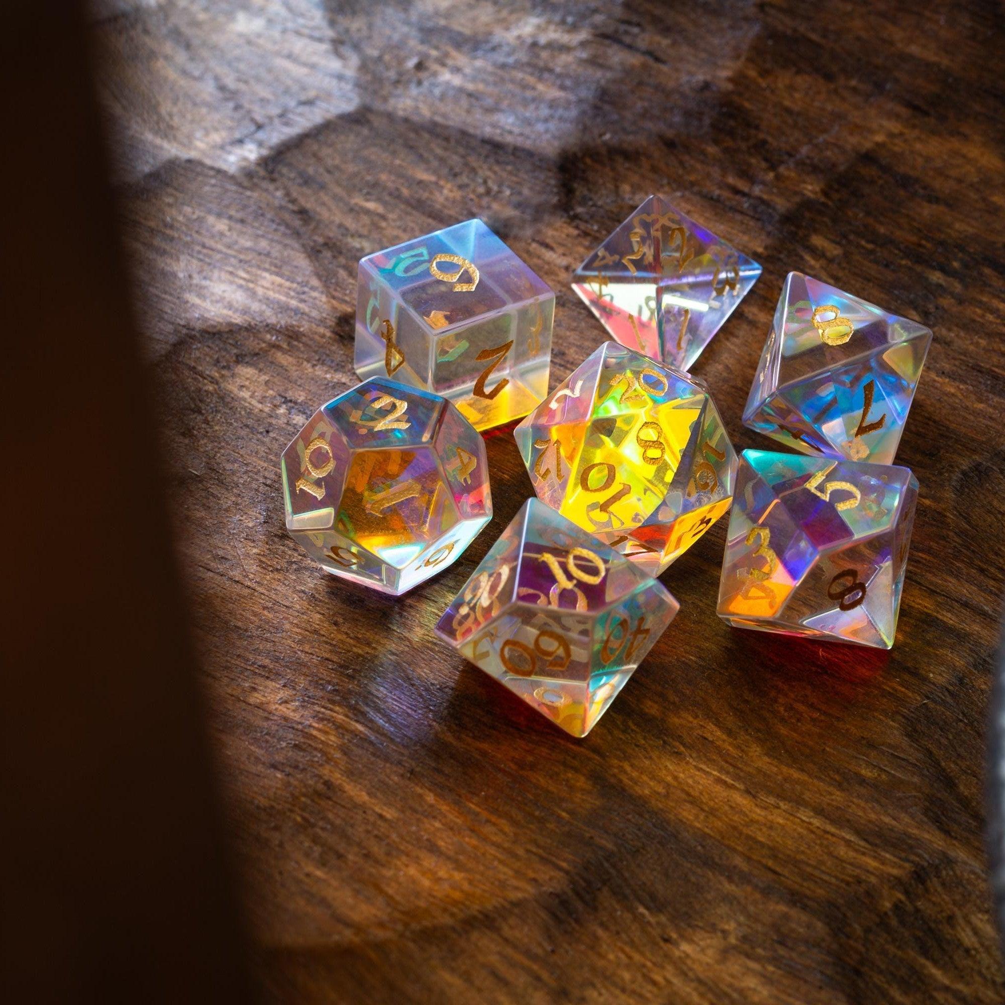 Gemstone Dichroic Glass Hand Carved DND Dice Set - The misfit market