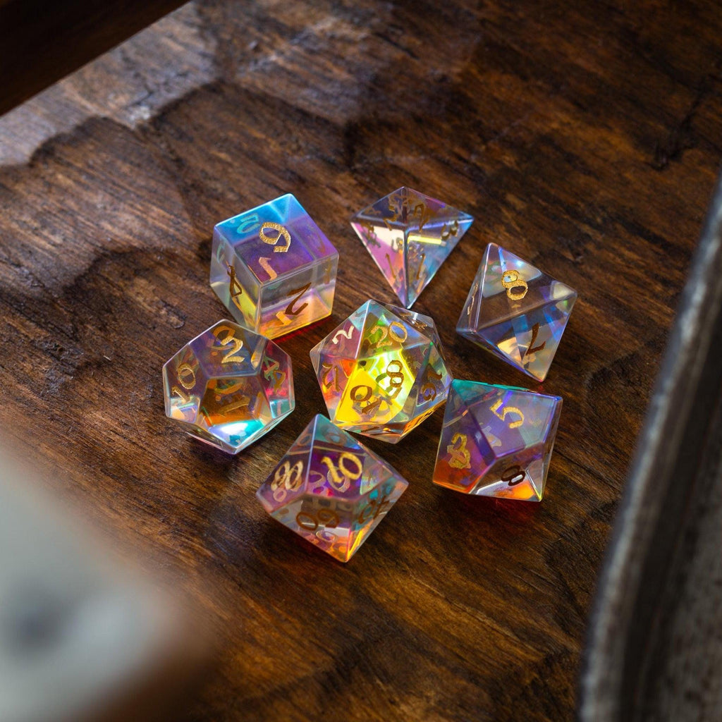 Gemstone Dichroic Glass Hand Carved DND Dice Set - The misfit market