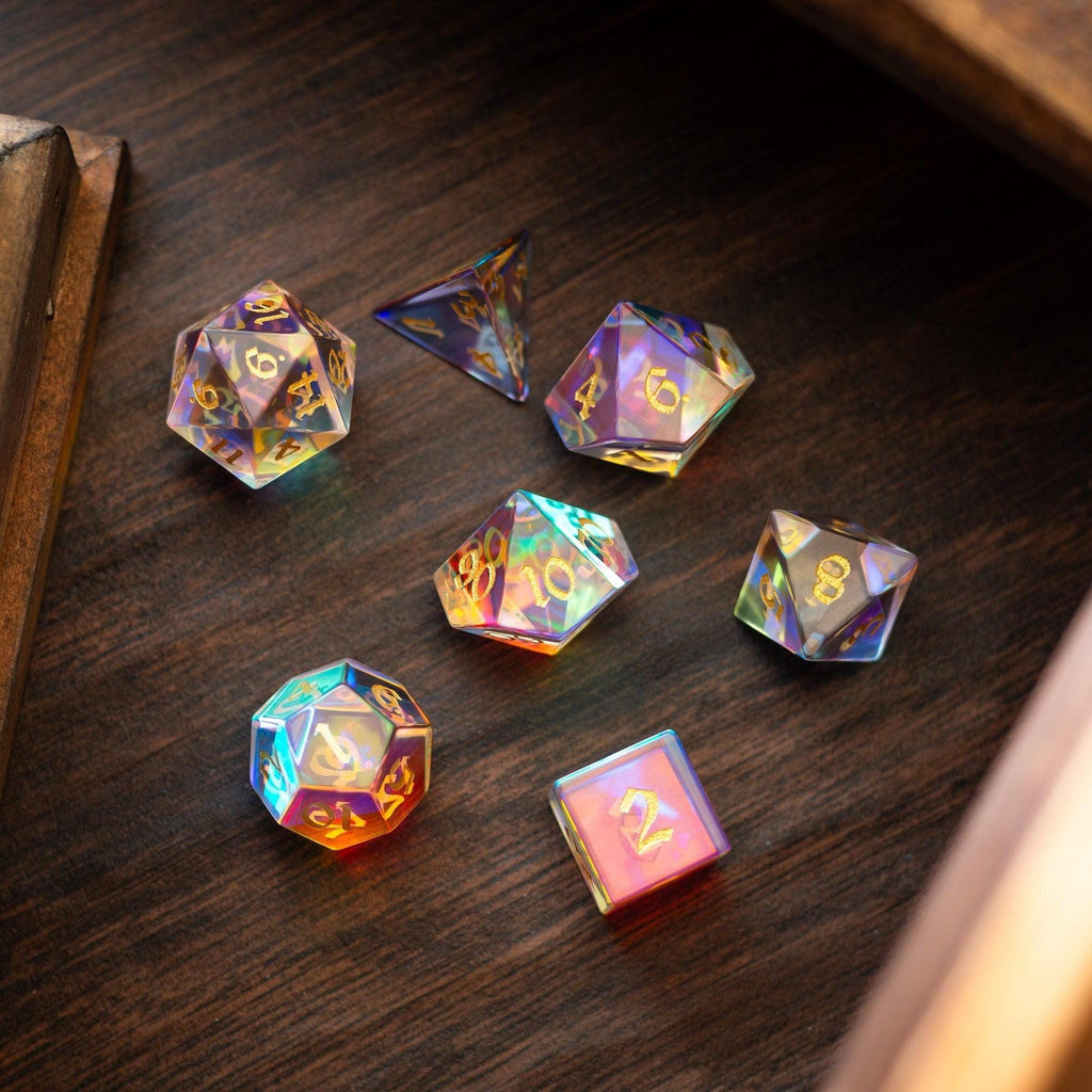 Gemstone Dichroic Glass Hand Carved DND Dice Set - The misfit market