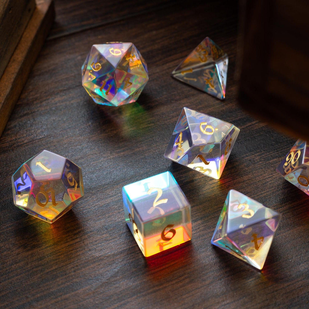 Gemstone Dichroic Glass Hand Carved DND Dice Set - The misfit market