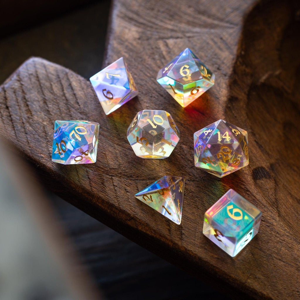 Gemstone Dichroic Glass Hand Carved DND Dice Set - The misfit market