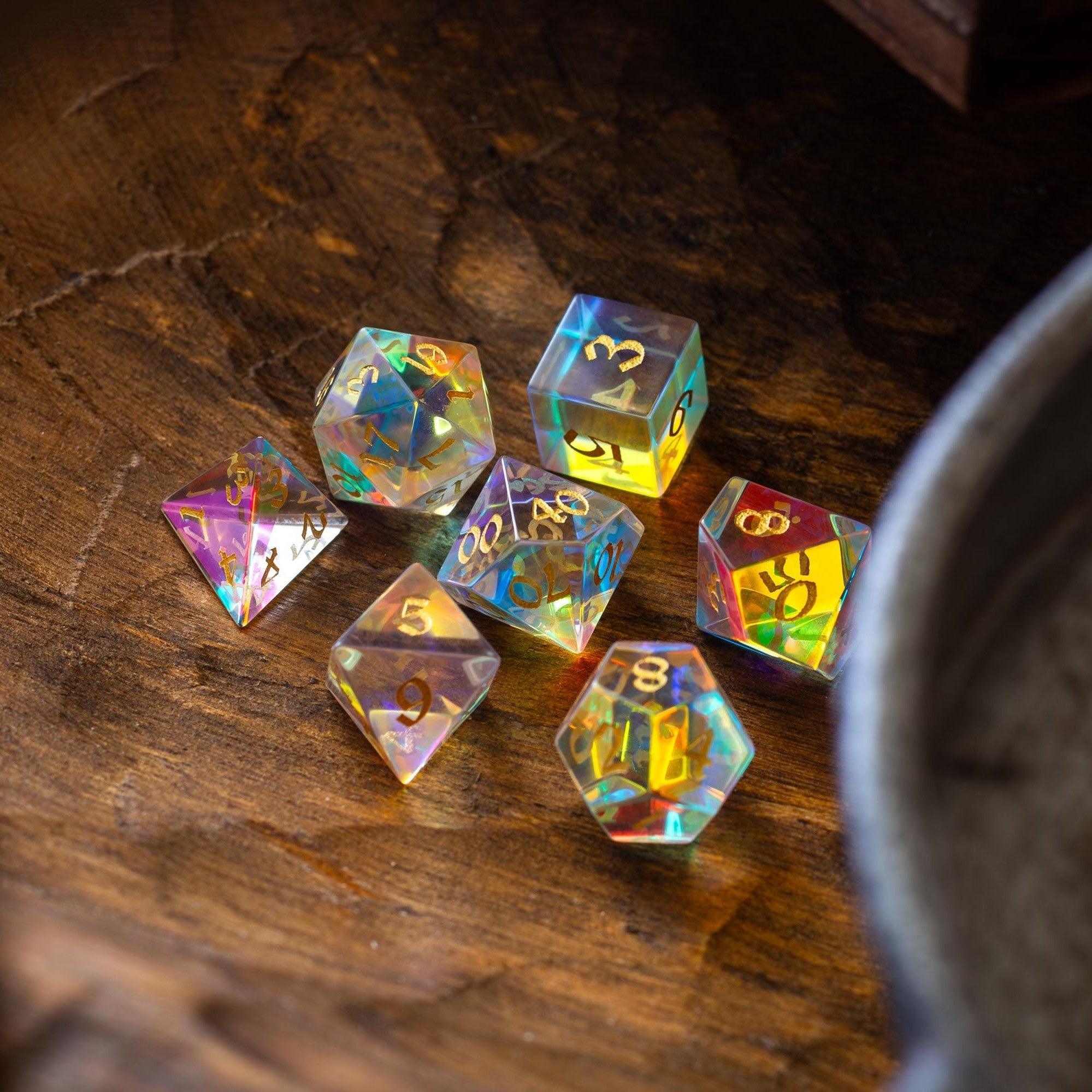 Gemstone Dichroic Glass Hand Carved DND Dice Set - The misfit market