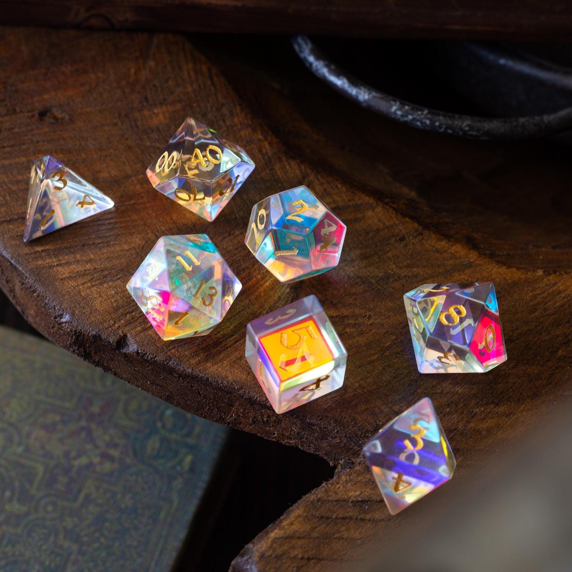 Gemstone Dichroic Glass Hand Carved DND Dice Set - The misfit market