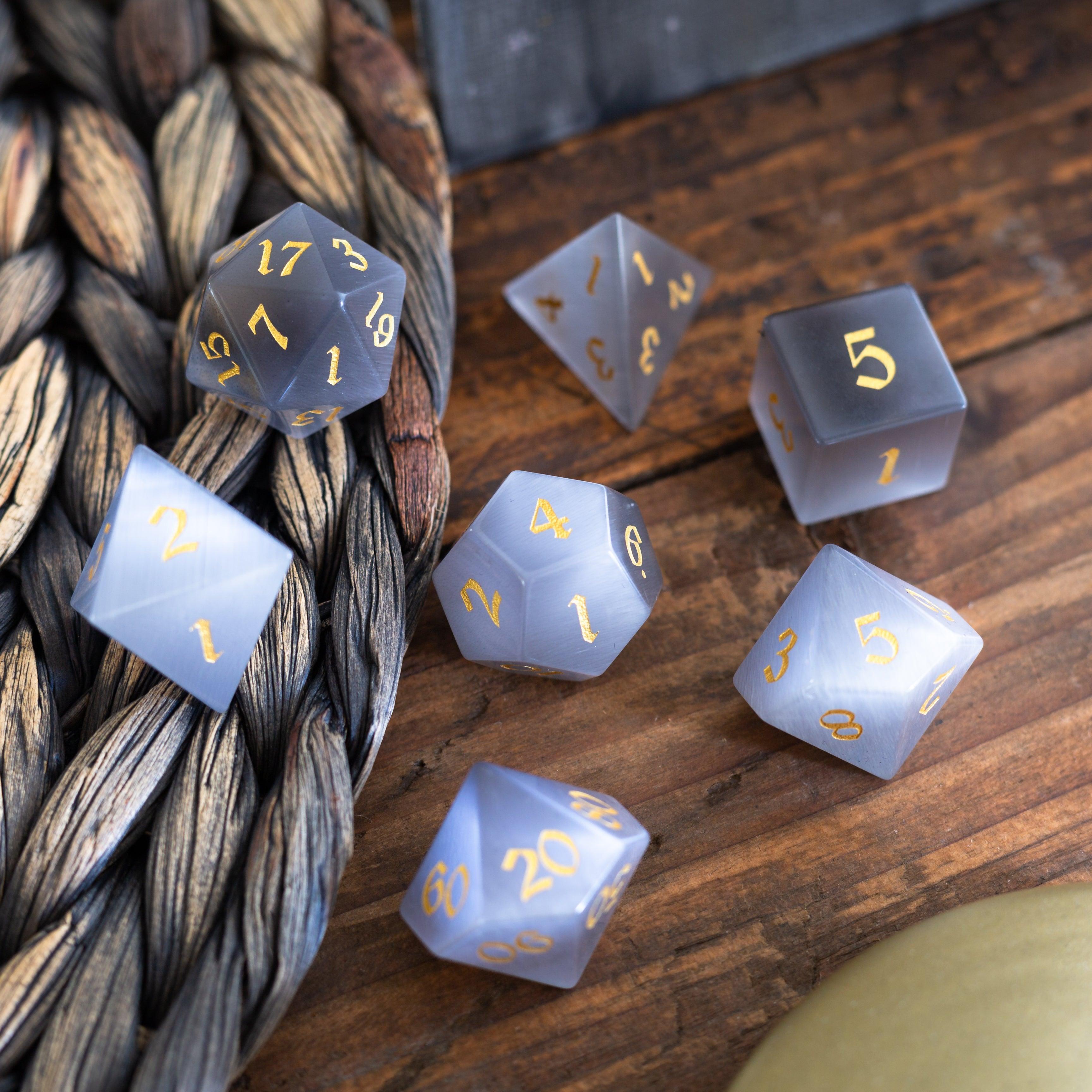 Gemstone Gray Cats Eye Stone DND Dice Set - The misfit market