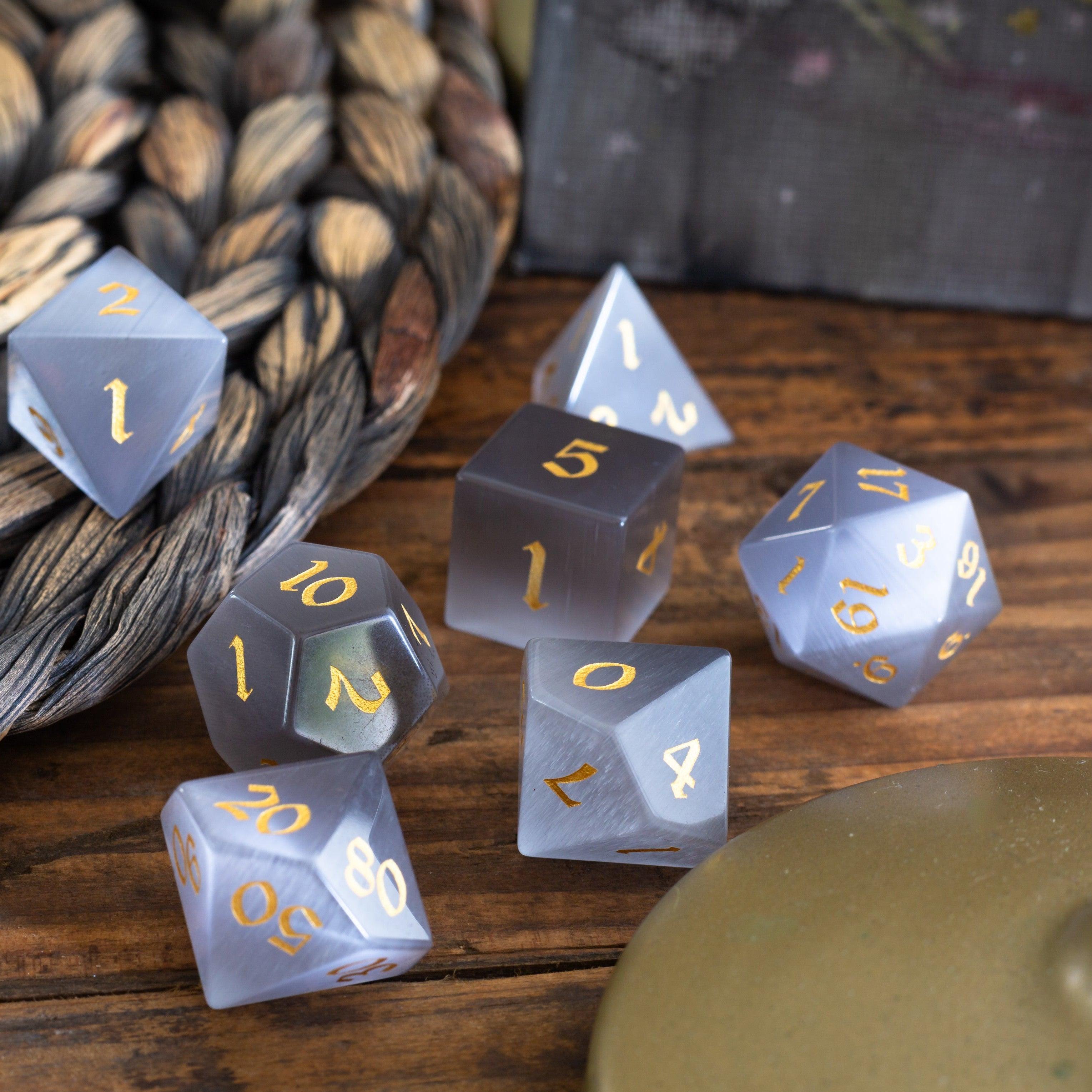 Gemstone Gray Cats Eye Stone DND Dice Set - The misfit market