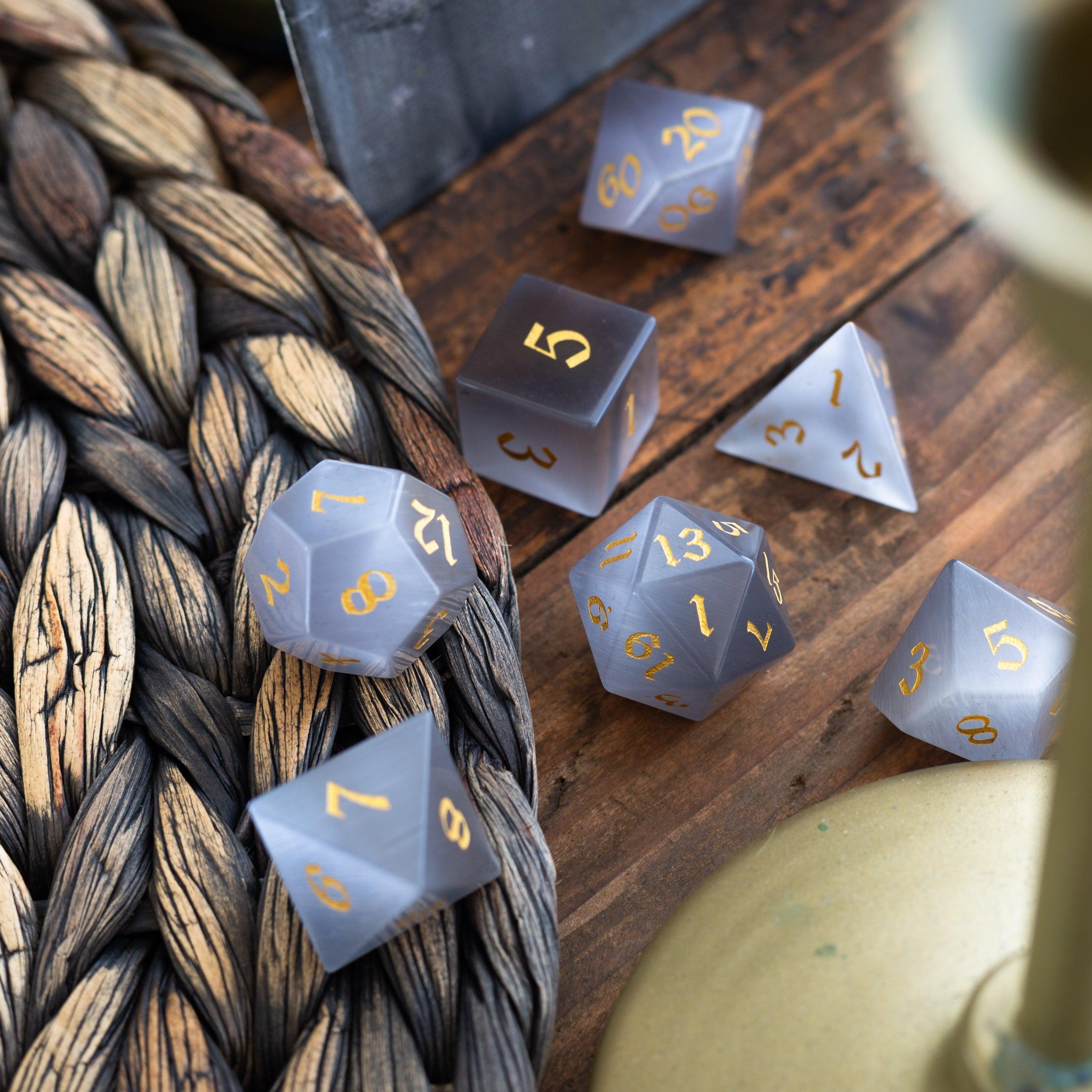Gemstone Gray Cats Eye Stone DND Dice Set - The misfit market
