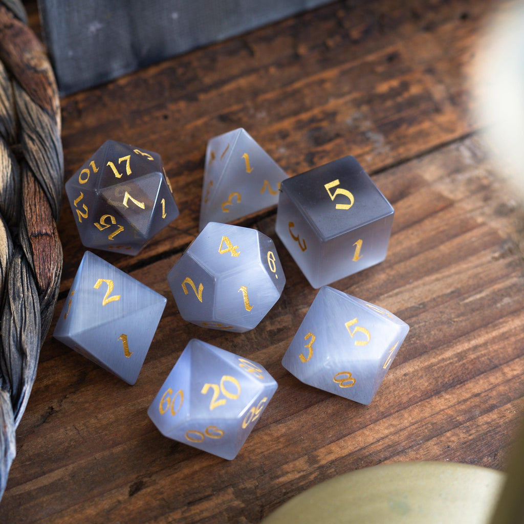 Gemstone Gray Cats Eye Stone DND Dice Set - The misfit market