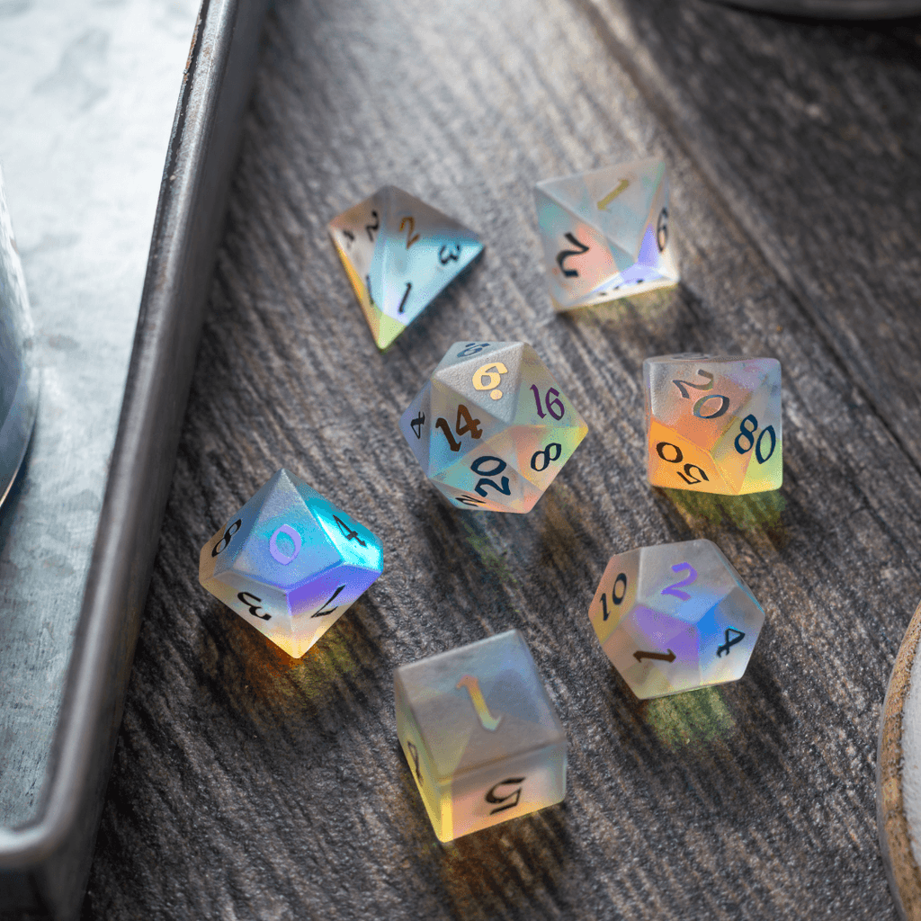 Gemstone (Inked) Raised Dichroic Glass DND Dice Set - The misfit market