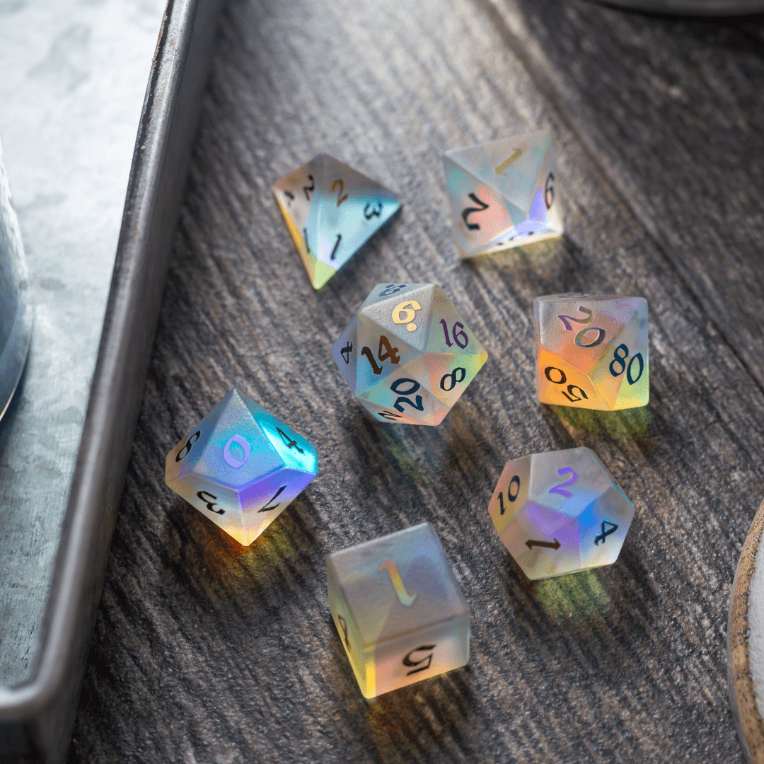 Gemstone (Inked) Raised Dichroic Glass DND Dice Set - The misfit market